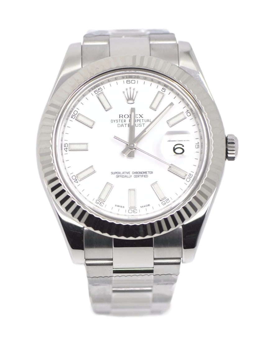 Rolex Datejust II 116334 Automatic Steel Wristwatch 41 mm Fluted Bezel: Rolex Datejust II 116334 Automatic Steel Wristwatch 41 mm Fluted Bezel This Rolex Datejust II is a luxury men's wristwatch featuring a polished stainless steel case and band, complemented by a fluted 