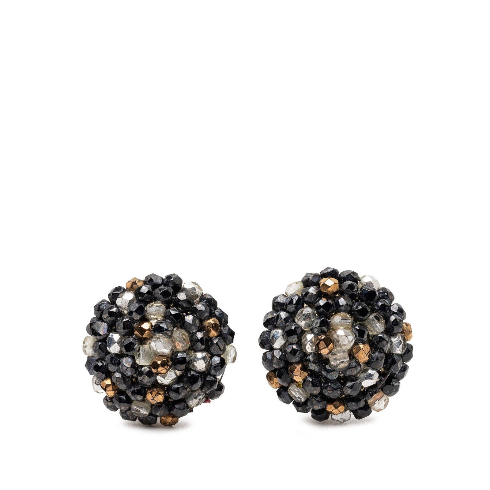 Chanel Black Beaded Round Clip On Earrings: Chanel Black Beaded Round Clip On Earrings These Chanel beaded round clip-on earrings feature a beaded design in black with back clip-on closures. Made in France, these are categorized as costume jewe