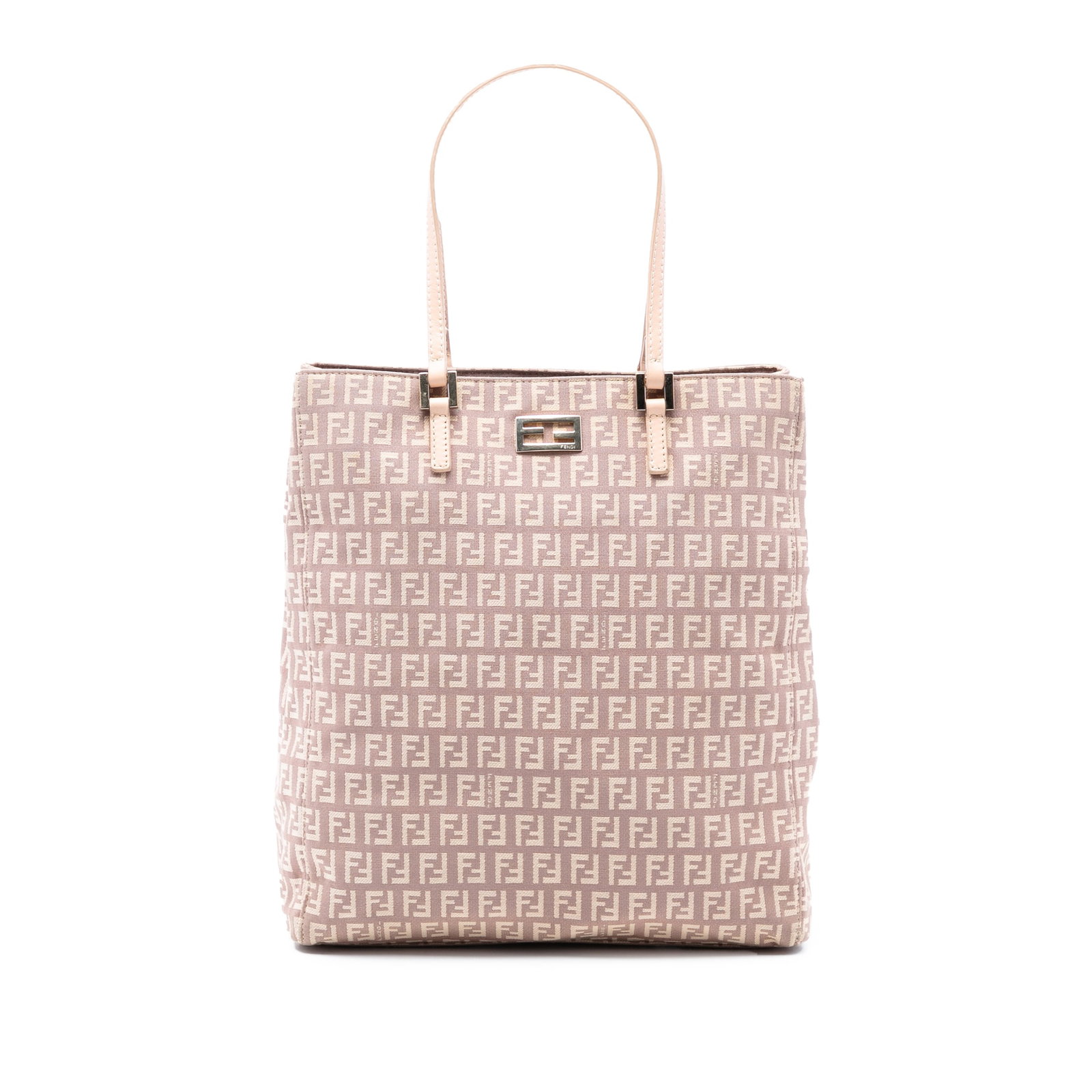 Pink Zucchino Canvas Tote Bag by Fendi with Leather Straps: Pink Zucchino Canvas Tote Bag by Fendi with Leather Straps This Fendi Zucchino Canvas Tote features a pink fabric body with flat leather straps, an open top, and interior zip and slip pockets. The bag
