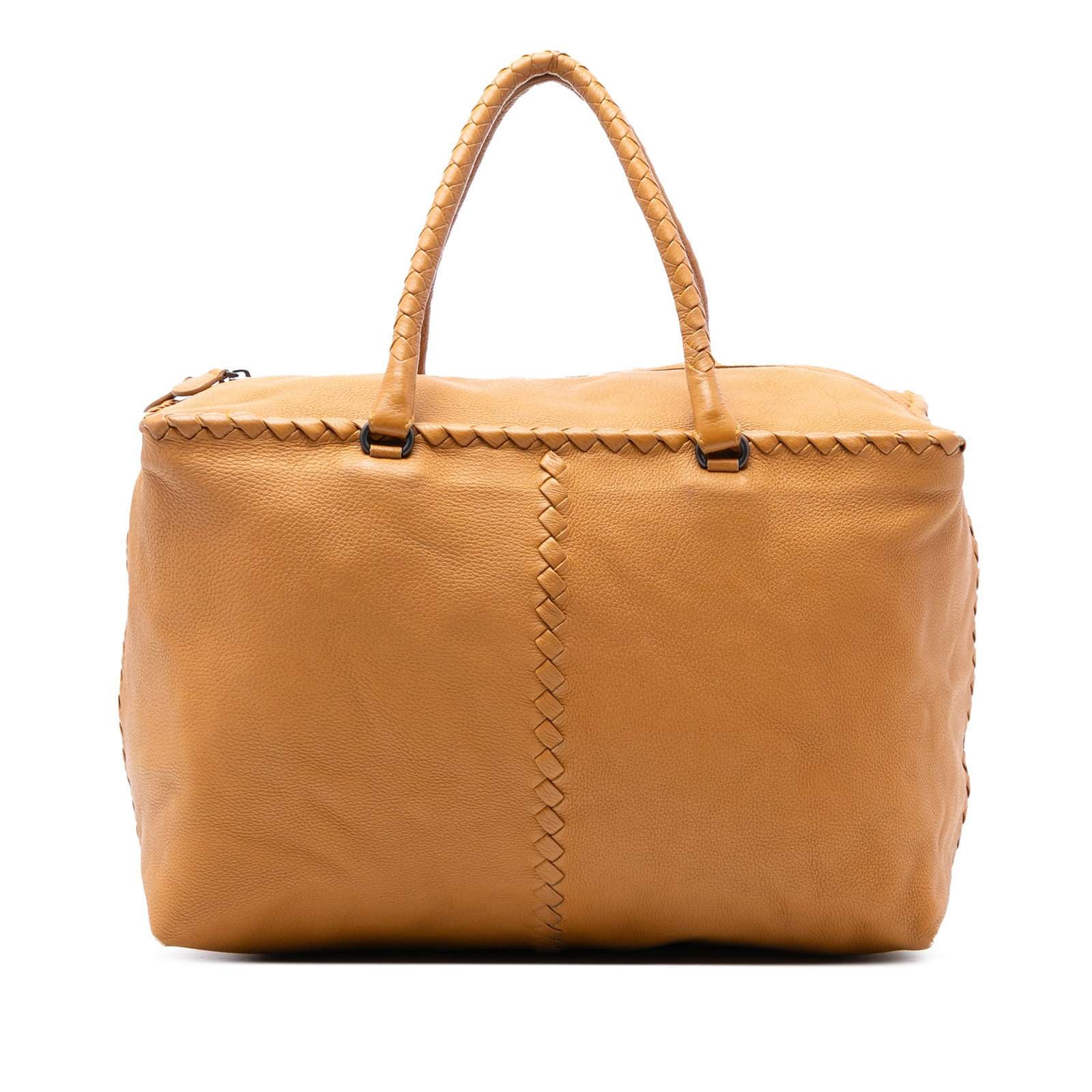 Bottega Veneta Cervo Tote with Leather Woven Intrecciato Detailing: Bottega Veneta Cervo Tote with Leather Woven Intrecciato Detailing This Bottega Veneta Intrecciato Trimmed Cervo Tote features a leather body with signature woven leather trim, rolled leather handles,