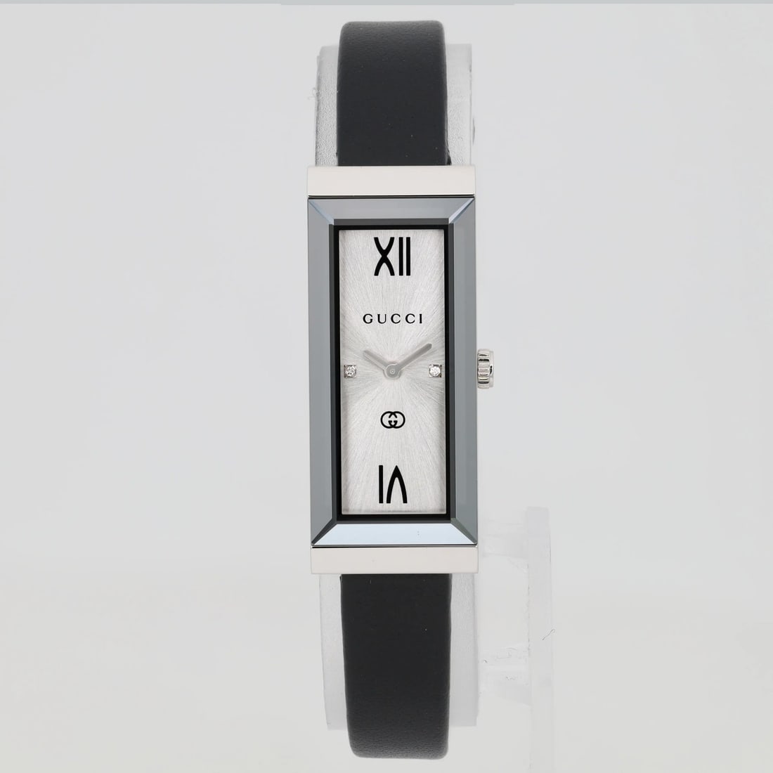 Gucci G-Frame Quartz Ladies Watch YA127515 with Diamond Bezel: Gucci G-Frame Quartz Ladies Watch YA127515 with Diamond Bezel This Gucci G-Frame Steel Ladies Quartz Watch YA127515 is a luxurious timepiece designed for elegance and sophistication. Featuring a styli