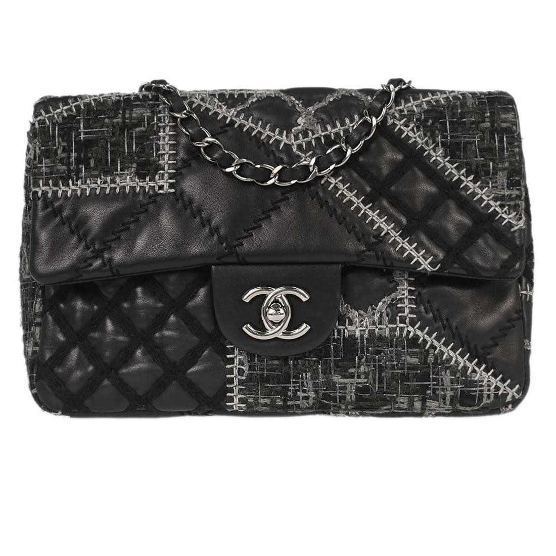 CHANEL Matelasse Black Lambskin Flap Shoulder Bag: CHANEL Matelasse Black Lambskin Flap Shoulder Bag This Chanel shoulder bag features a stylish black tweed and lambskin patchwork design with a matelasse pattern. The bag is equipped with a flap turnlo