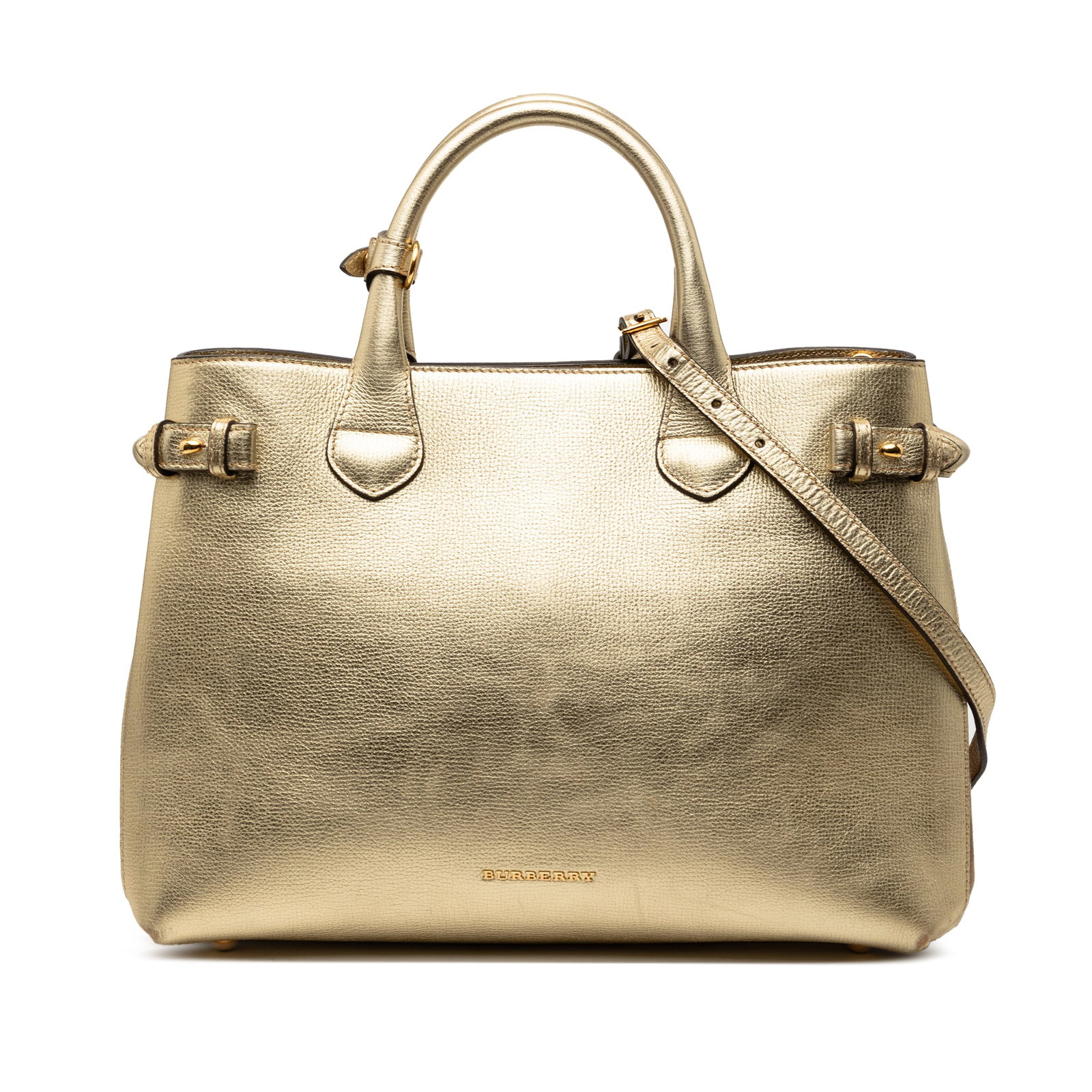 Burberry Banner satchel metallic leather house check gold medium: Burberry Banner satchel metallic leather house check gold medium This Burberry Medium Metallic Leather and House Check Banner Satchel features a metallic gold leather body with signature canvas trim. 