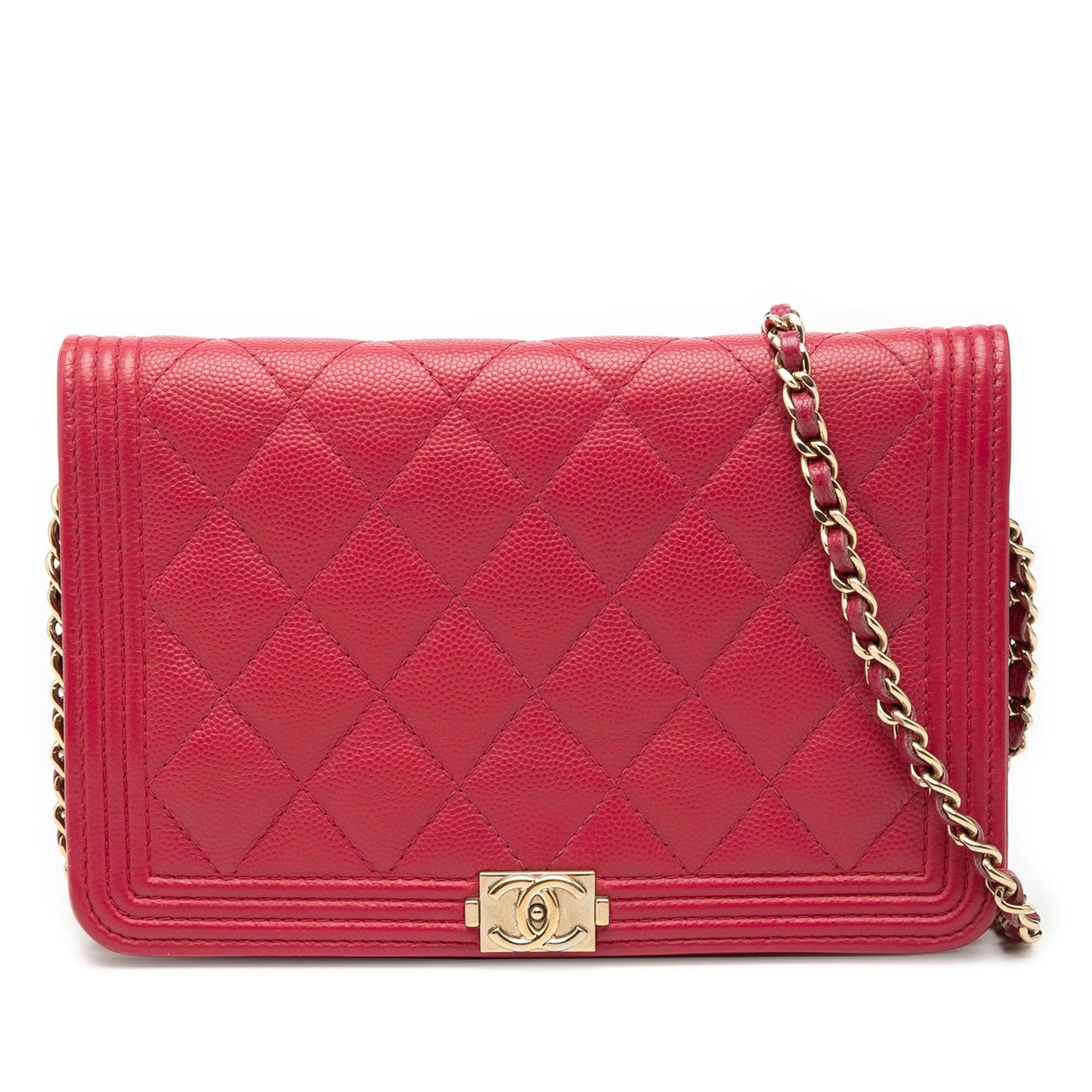 Chanel Boy Wallet on Chain Red Quilted Caviar Leather: Chanel Boy Wallet on Chain Red Quilted Caviar Leather This Chanel Quilted Caviar Boy Wallet on Chain features a luxurious red quilted caviar leather exterior, complemented by a leather-woven chain str