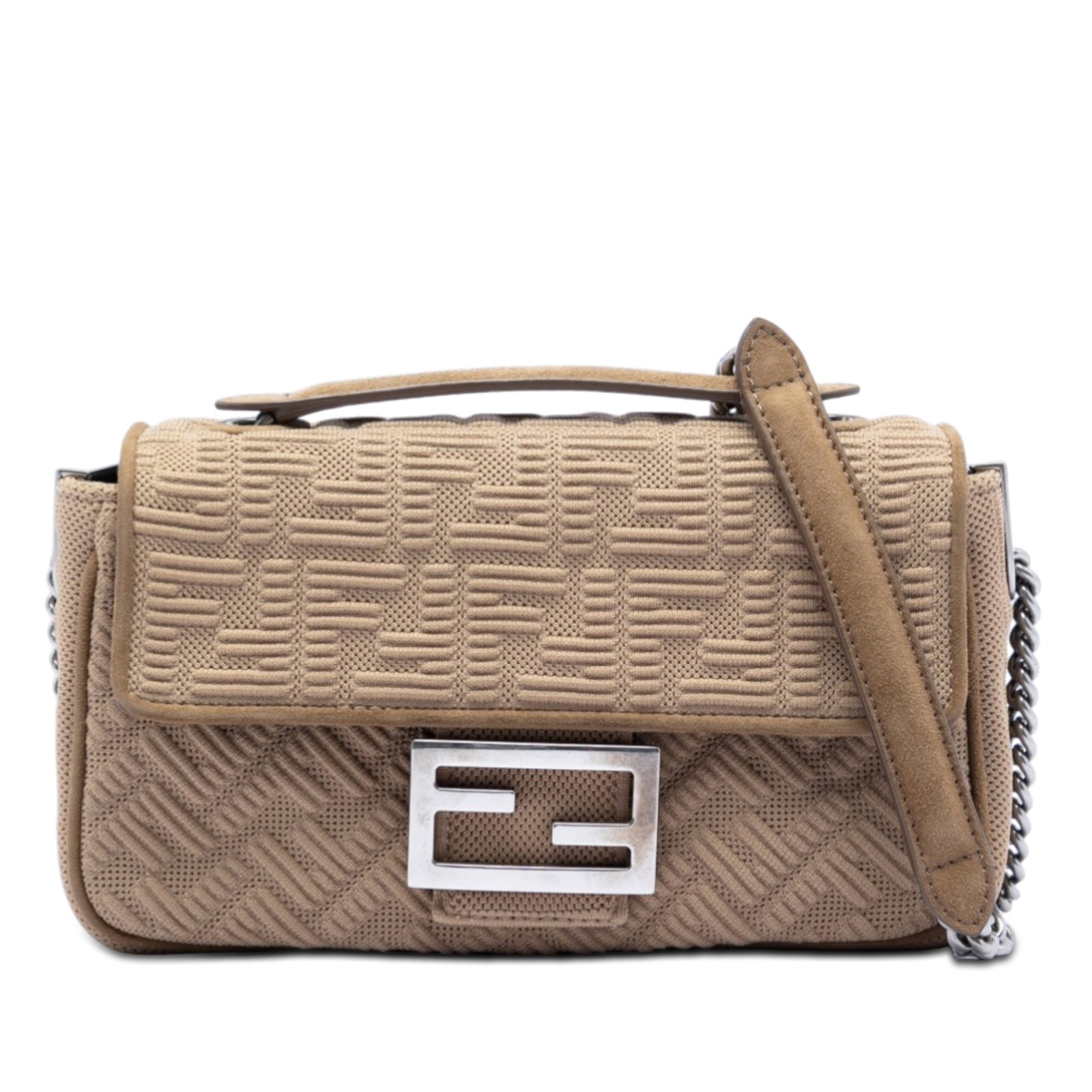 Fendi Zucca Midi Baguette Chain Shoulder Bag: Fendi Zucca Midi Baguette Chain Shoulder Bag This Fendi Zucca Embossed Technical Fabric Chain Midi Baguette is a stylish shoulder bag crafted from beige nylon fabric. It features chain link shoulder s