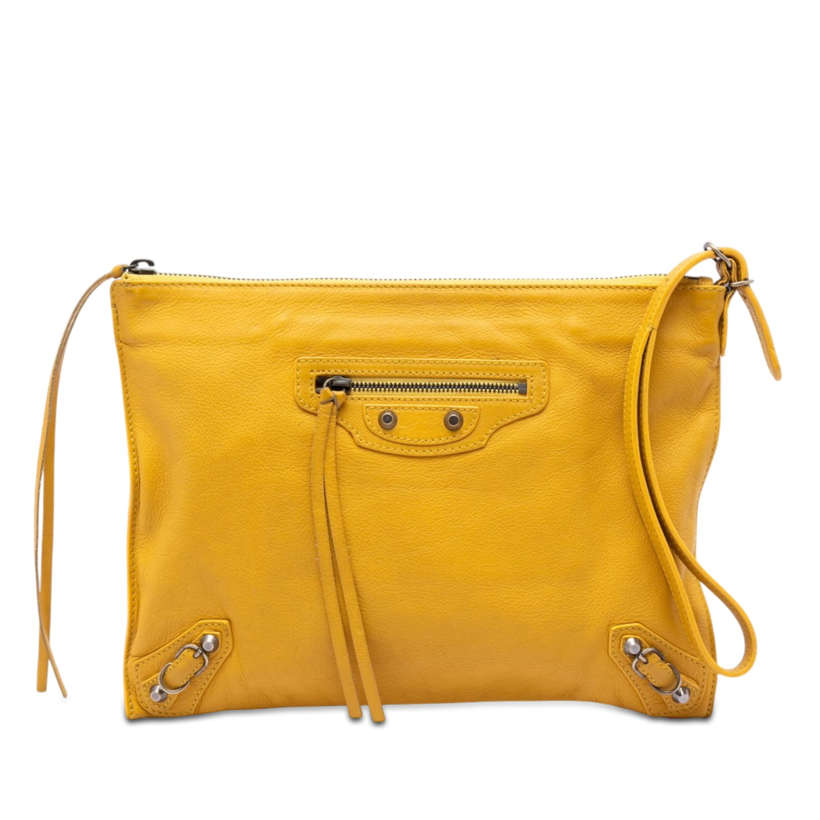 Yellow Balenciaga leather wristlet clutch: Yellow Balenciaga leather wristlet clutch This Balenciaga Leather Papier Wristlet Clutch features a yellow leather body with a zip-around closure, an exterior front zip pocket, and interior slip pocke