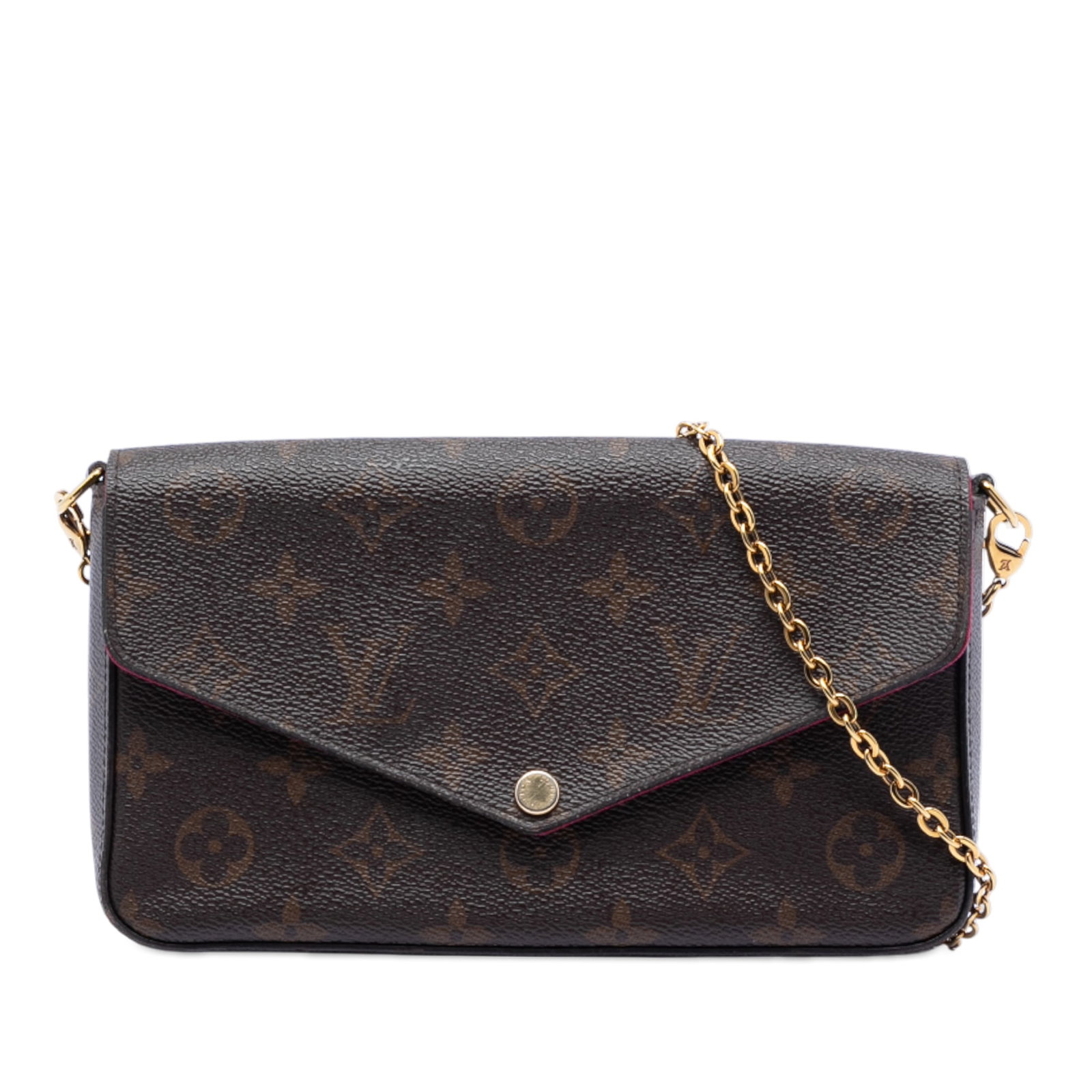 Louis Vuitton Felicie Monogram Canvas Crossbody Bag with Chain Strap: Louis Vuitton Felicie Monogram Canvas Crossbody Bag with Chain Strap The Louis Vuitton Monogram Pochette Felicie is a crossbody bag crafted from monogram canvas with a brown color scheme. It features 