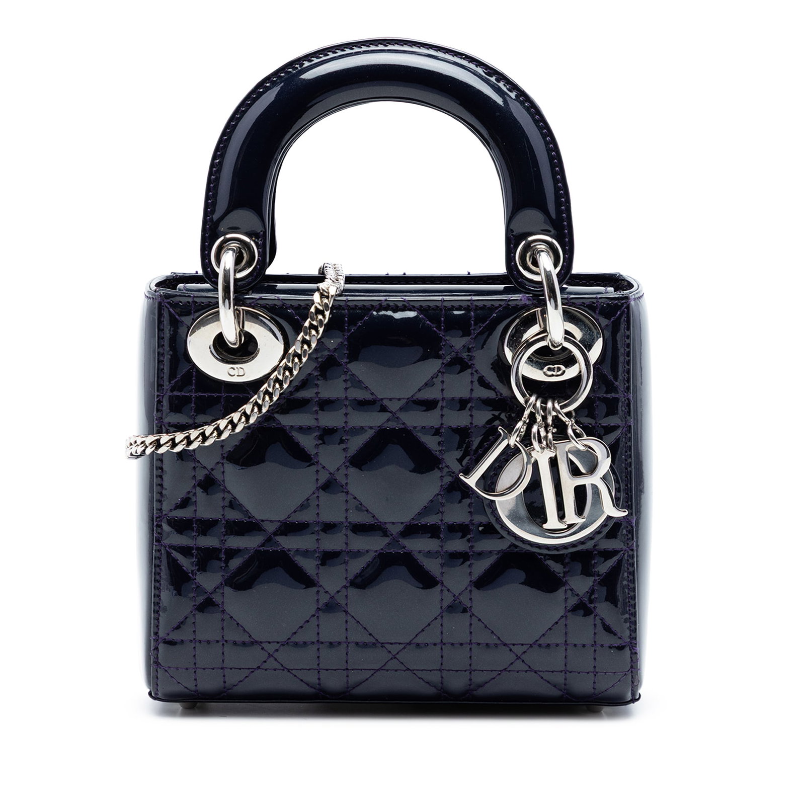 Dior Mini Patent Cannage Lady Blue Leather Bag: Dior Mini Patent Cannage Lady Blue Leather Bag This Mini Patent Cannage Lady Dior bag features a quilted patent leather exterior in blue with flat leather top handles and a detachable chain link strap