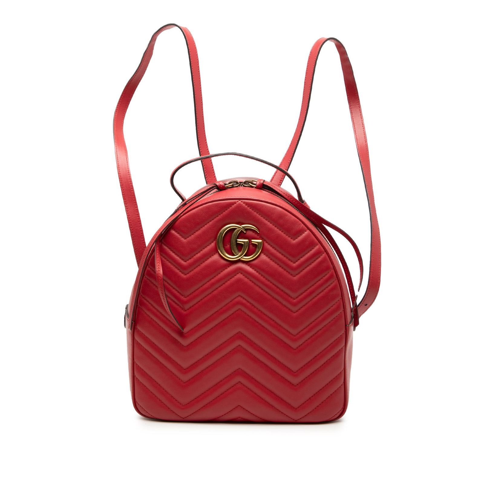 Gucci GG Marmont Matelasse Leather Small Red Backpack with Quilted Design: Gucci GG Marmont Matelasse Leather Small Red Backpack with Quilted Design This Gucci Small GG Marmont Matelasse Leather Backpack features a quilted leather body, a flat top handle, adjustable flat bac