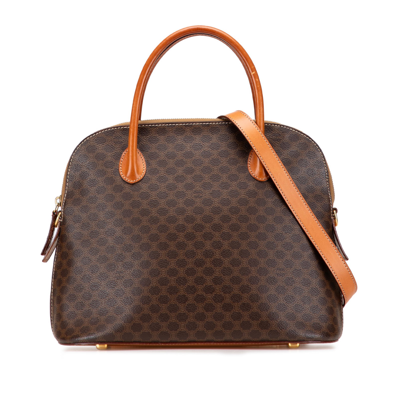 Celine Macadam Dome Satchel Brown Coated Canvas Italy: Celine Macadam Dome Satchel Brown Coated Canvas Italy This Celine Macadam Coated Canvas Dome Satchel features a durable coated canvas body accented with leather trim. It includes rolled leather top ha