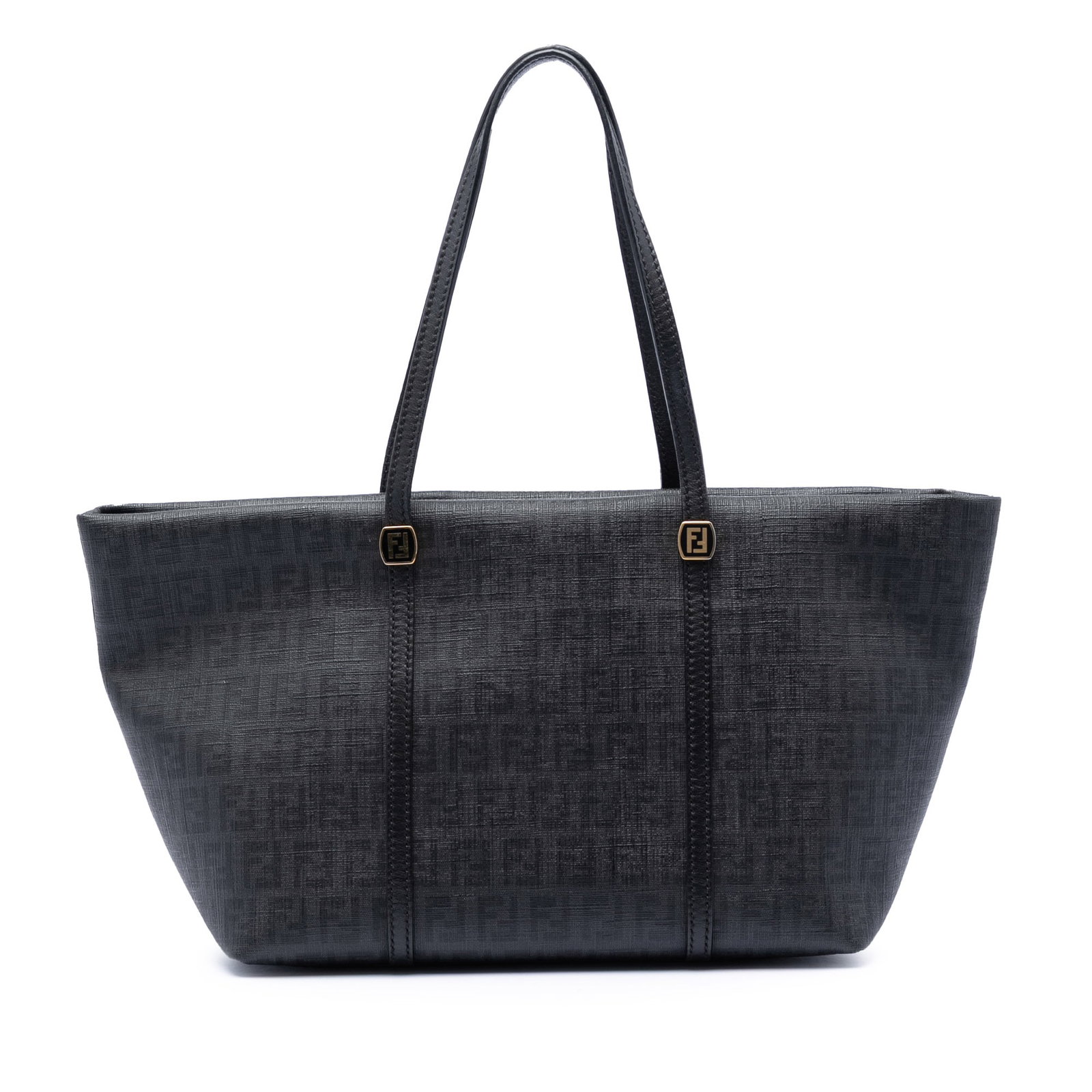 Fendi Zucchino Gray Coated Canvas Tote Bag: Fendi Zucchino Gray Coated Canvas Tote Bag This Fendi Zucchino tote bag features a coated canvas body with leather trim, flat leather straps, a top zip closure, and an interior slip pocket. The bag is