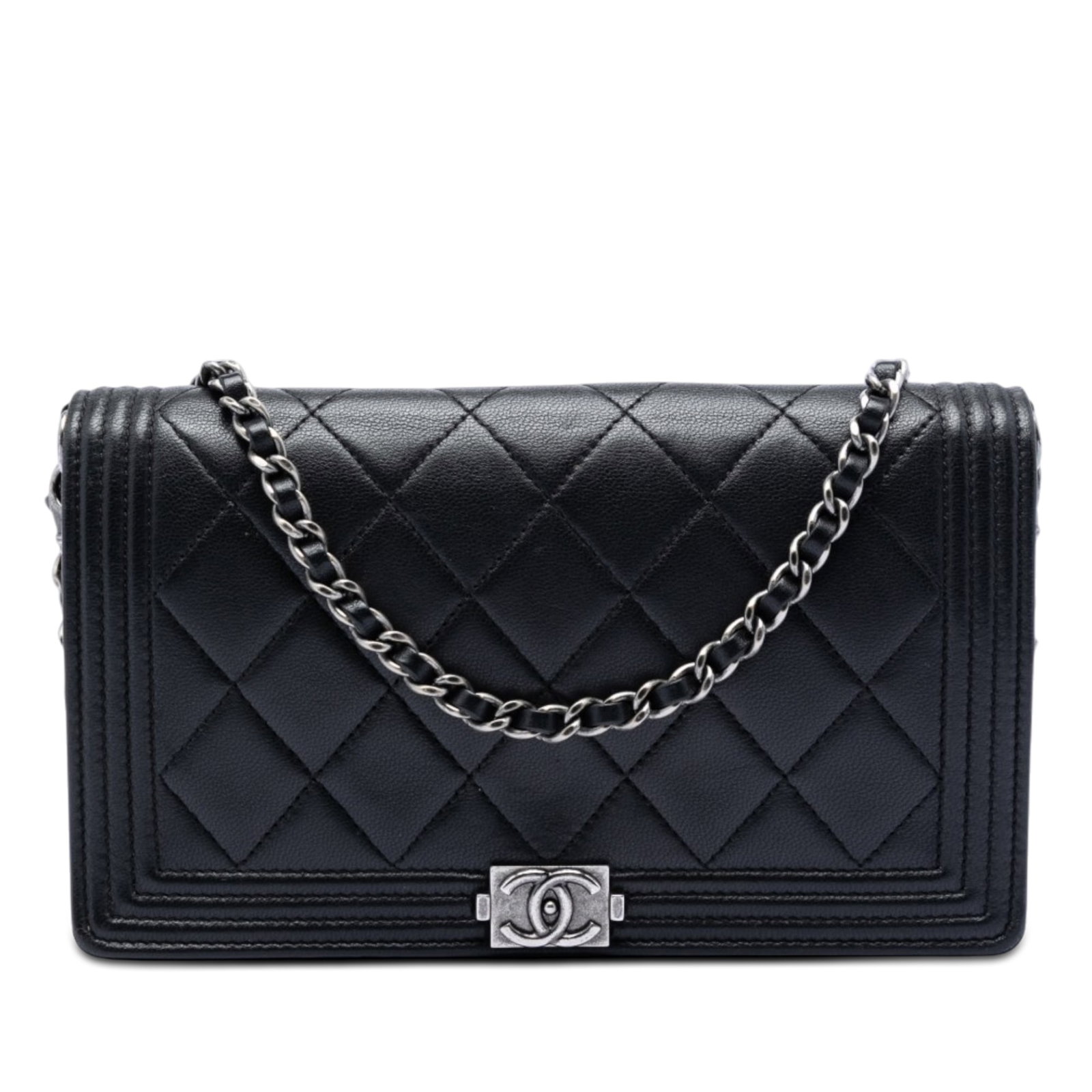 Chanel black lambskin Boy wallet on chain: Chanel black lambskin Boy wallet on chain This Chanel Boy Wallet On Chain showcases a quilted lambskin leather exterior in black, complemented by a leather-woven chain strap and a front flap with snap
