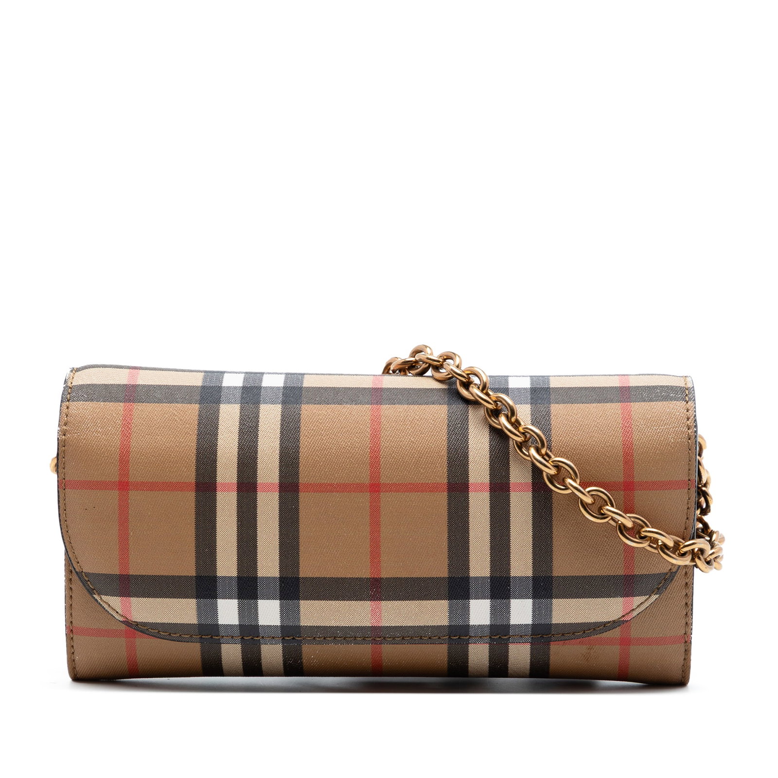 Burberry Henley chain wallet beige canvas flap strap: Burberry Henley chain wallet beige canvas flap strap This Burberry House Check Canvas Henley Wallet on Chain features a canvas body with the iconic check pattern, a chain link and adjustable leather s