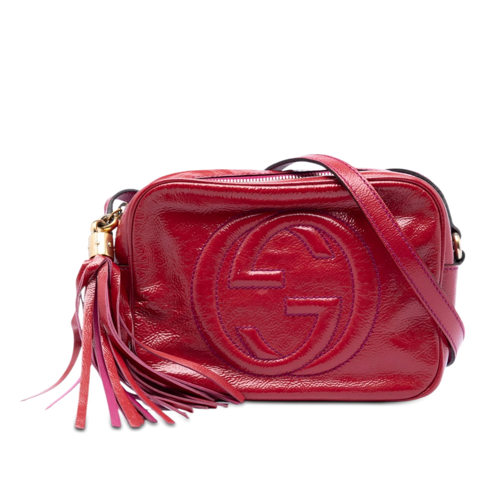 Gucci Patent Leather Soho Disco Pink Crossbody Bag: Gucci Patent Leather Soho Disco Pink Crossbody Bag This Gucci Patent Soho Disco Crossbody bag features a pink patent leather body with an adjustable flat leather strap, a top zip closure, and interior