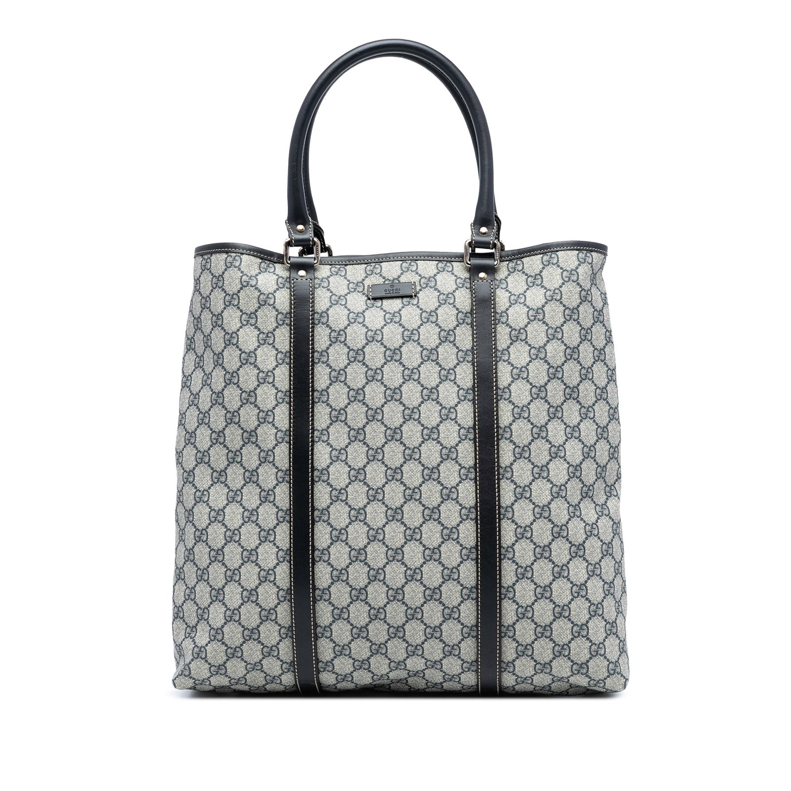 GG Supreme Joy Vertical Tote Bag with Leather Trim by Gucci: GG Supreme Joy Vertical Tote Bag with Leather Trim by Gucci This Gucci GG Supreme Joy Vertical Tote is crafted from coated canvas with leather trim and features rolled leather handles. The bag has an 