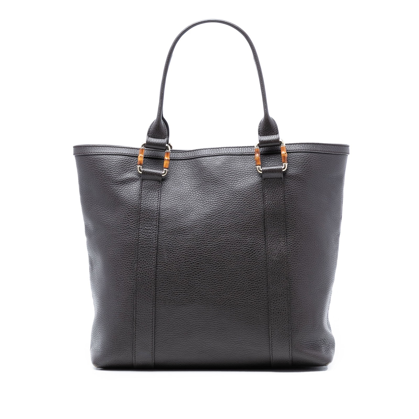 Gucci Bamboo Shopper Brown Grained Calfskin Leather Tote Bag: Gucci Bamboo Shopper Brown Grained Calfskin Leather Tote Bag This Gucci Grained Calfskin Bamboo Shopper Tote features a brown leather body with flat leather shoulder straps, an open top with a magneti