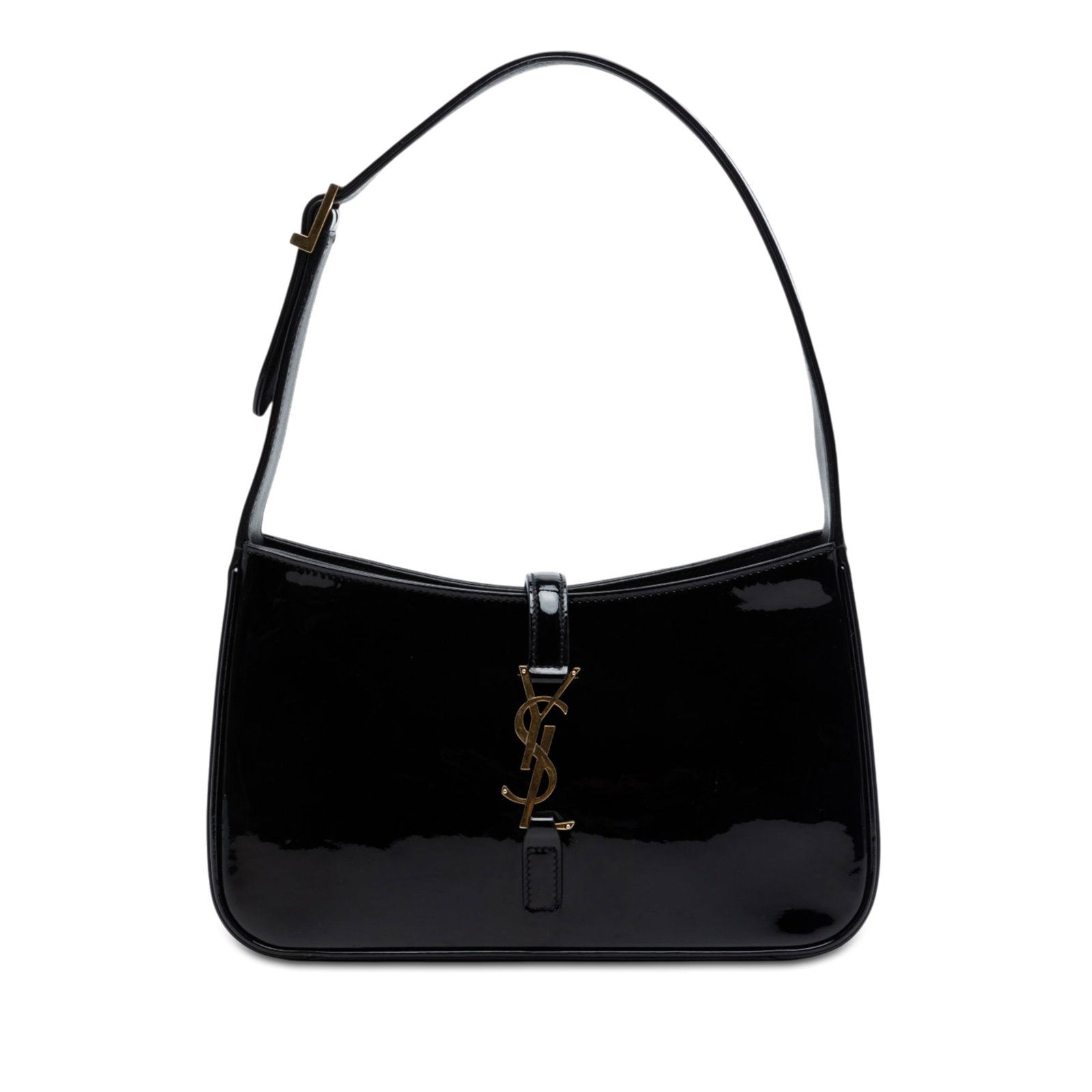 Saint Laurent Le 5 a 7 patent leather shoulder bag: Saint Laurent Le 5 a 7 patent leather shoulder bag This Saint Laurent Patent Le 5 a 7 shoulder bag is crafted from black patent leather and features a flat leather shoulder strap. It has an open top w