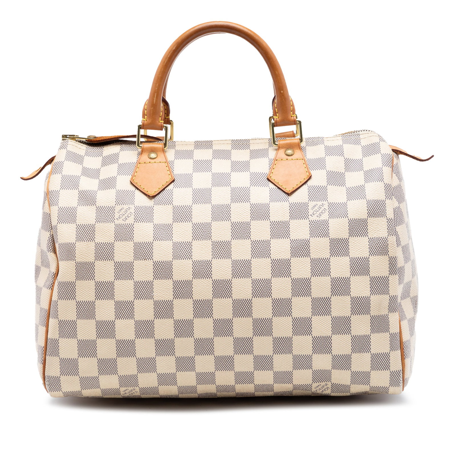 Louis Vuitton Damier Azur Speedy 30 White Fabric Bag: Louis Vuitton Damier Azur Speedy 30 White Fabric Bag This Louis Vuitton Damier Azur Speedy 30 bag features the signature Damier canvas exterior with rolled vachetta leather handles, a top zip closure,