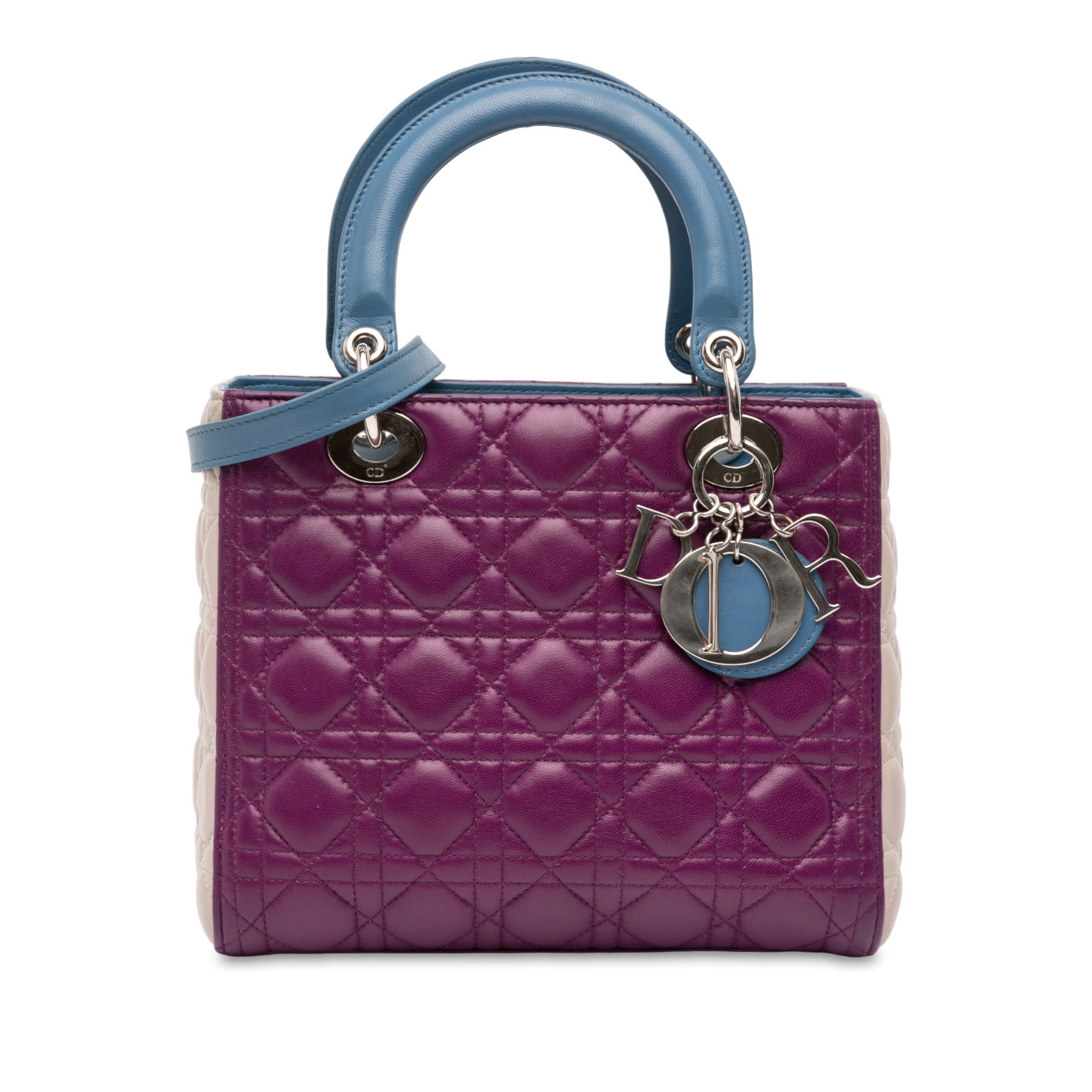 Dior Medium Tricolor Lambskin Cannage Lady Dior Bag: Dior Medium Tricolor Lambskin Cannage Lady Dior Bag Introducing the Medium Tricolor Lambskin Cannage Lady Dior, a sophisticated handbag crafted from luxurious quilted tricolor lambskin leather. This e