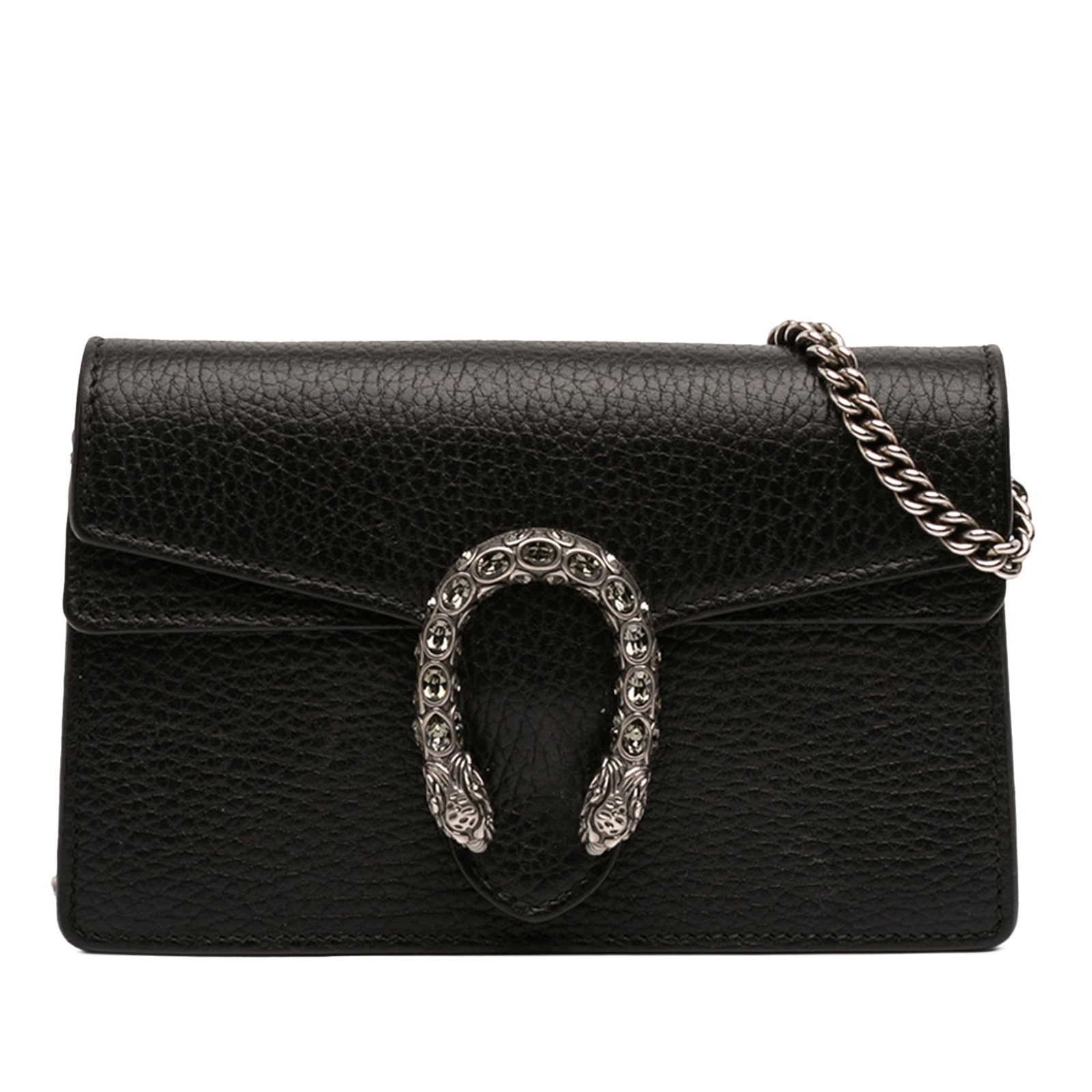 Black Gucci Dionysus leather crossbody with chain strap: Black Gucci Dionysus leather crossbody with chain strap The Gucci Mini Leather Dionysus Crossbody Bag features a black leather body with a silver-toned chain strap and a front flap with snap closure. 