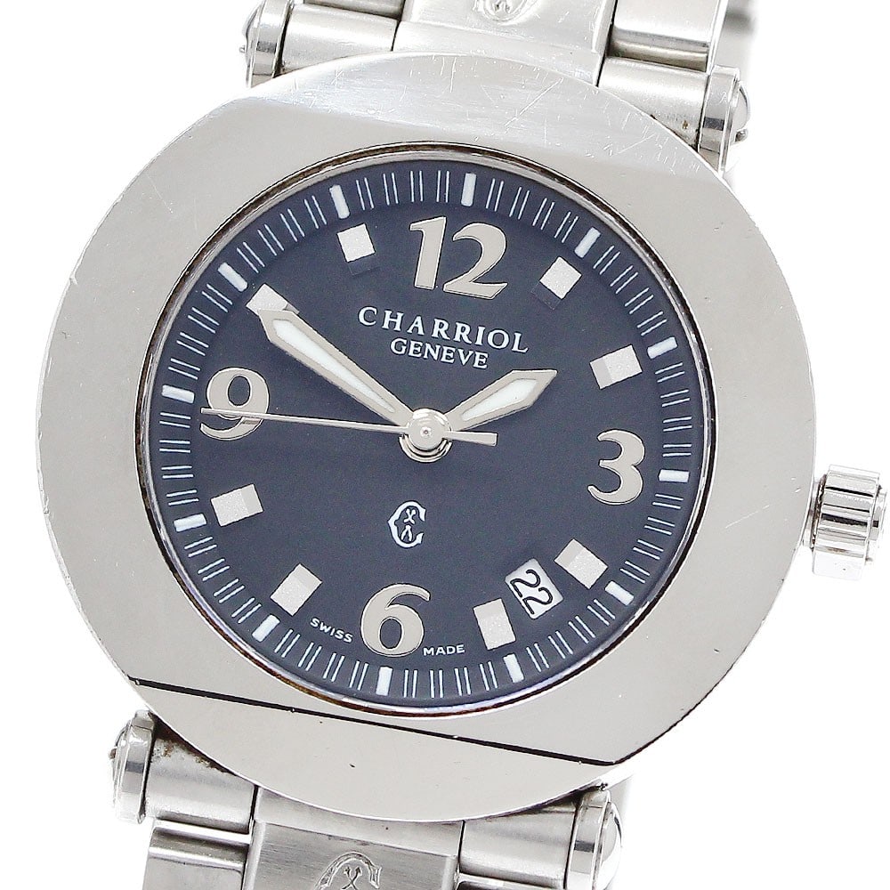 CHARRIOL Columbus quartz date ladies wristwatch stainless steel 30mm: CHARRIOL Columbus quartz date ladies wristwatch stainless steel 30mm This CHARRIOL Columbus Date Quartz women's wristwatch features a stainless steel case and band with a black dial. The watch is powe