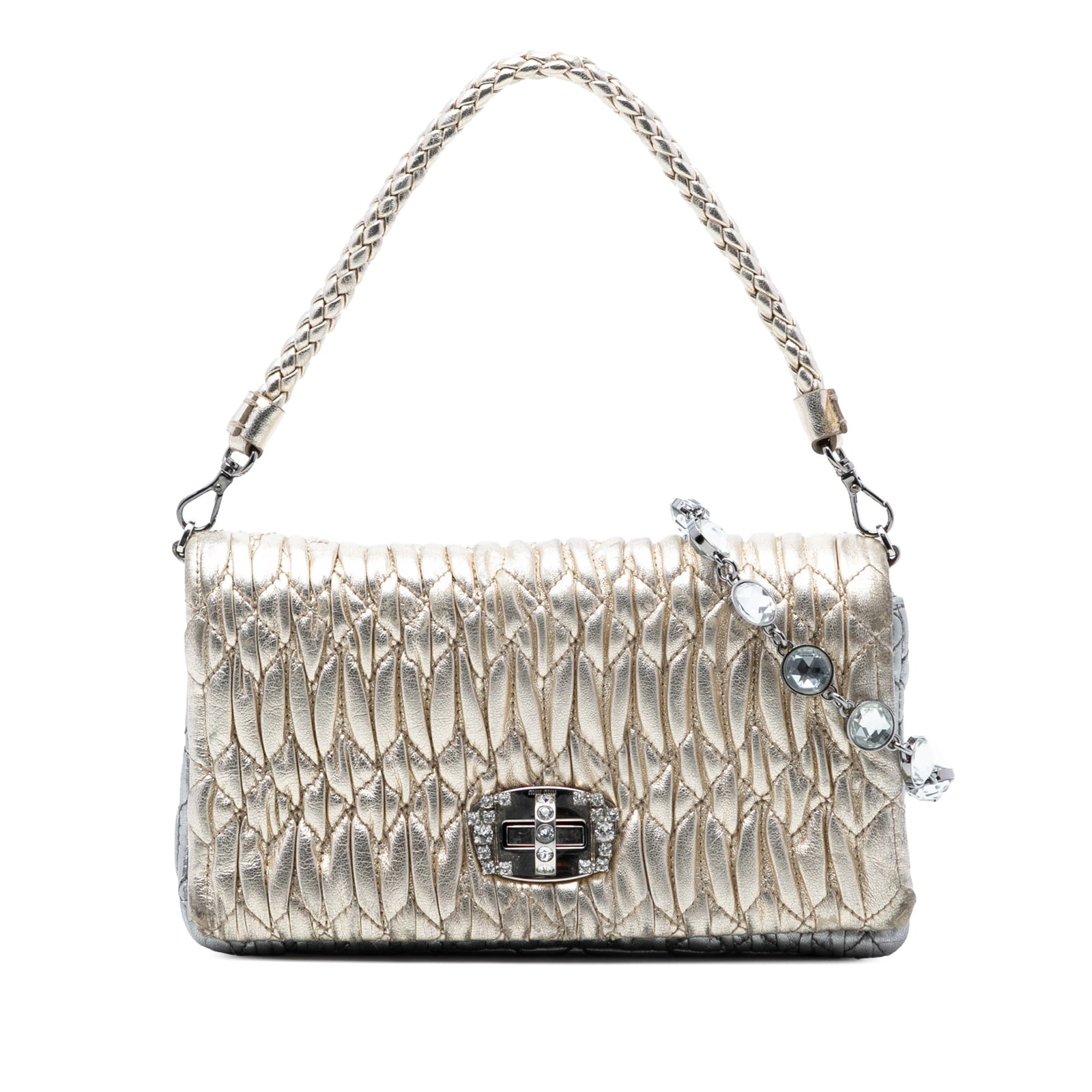 Miu Miu crystal chain matelasse nappa satchel: Miu Miu crystal chain matelasse nappa satchel This Miu Miu Matelasse Nappa Crystal Chain Satchel features a luxurious nappa leather body in gold with silver-tone hardware. The design includes a braide