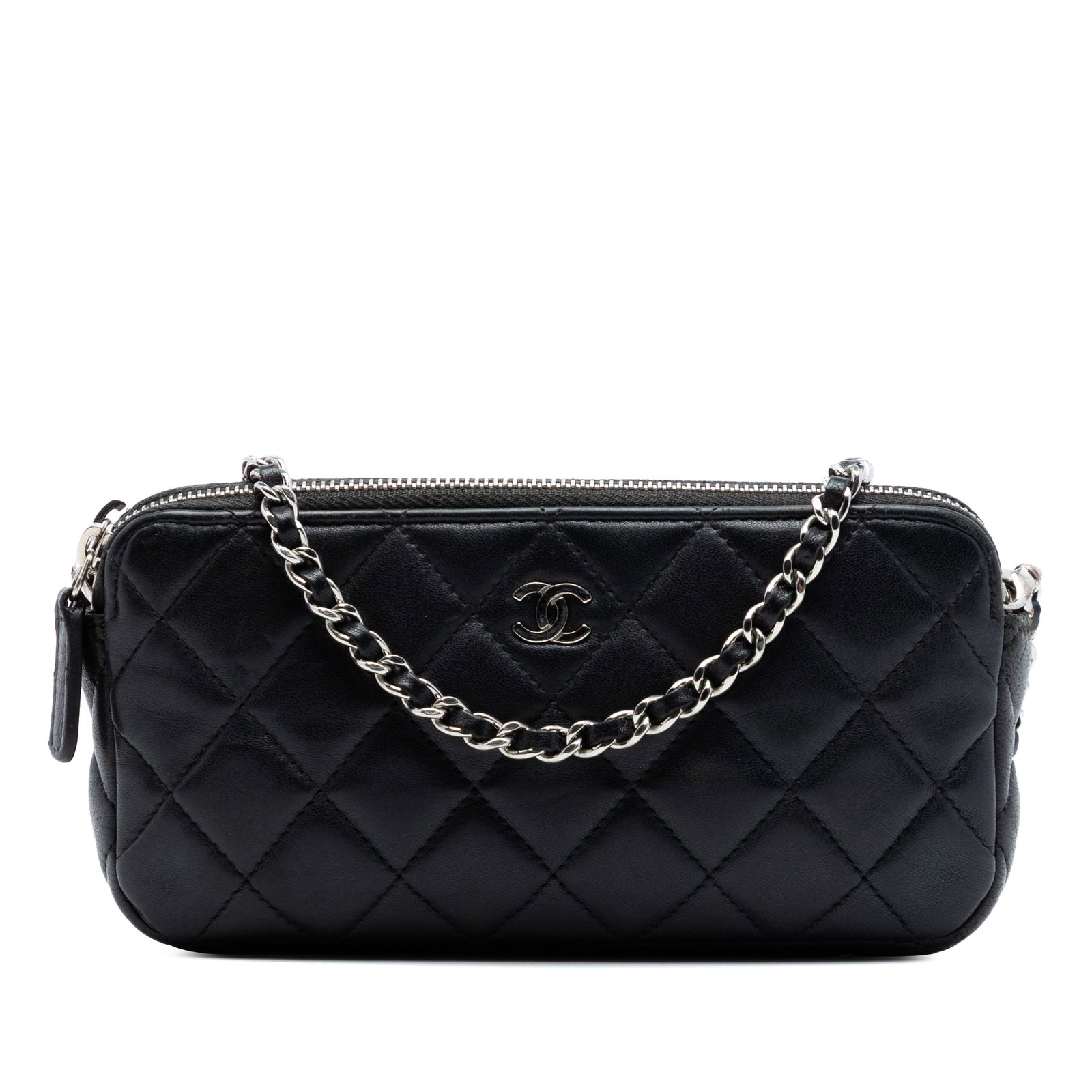 Chanel quilted lambskin crossbody clutch with chain: Chanel quilted lambskin crossbody clutch with chain This Chanel CC Quilted Lambskin Double Zip Clutch With Chain is crafted from black quilted lambskin leather and features a leather-woven chain strap
