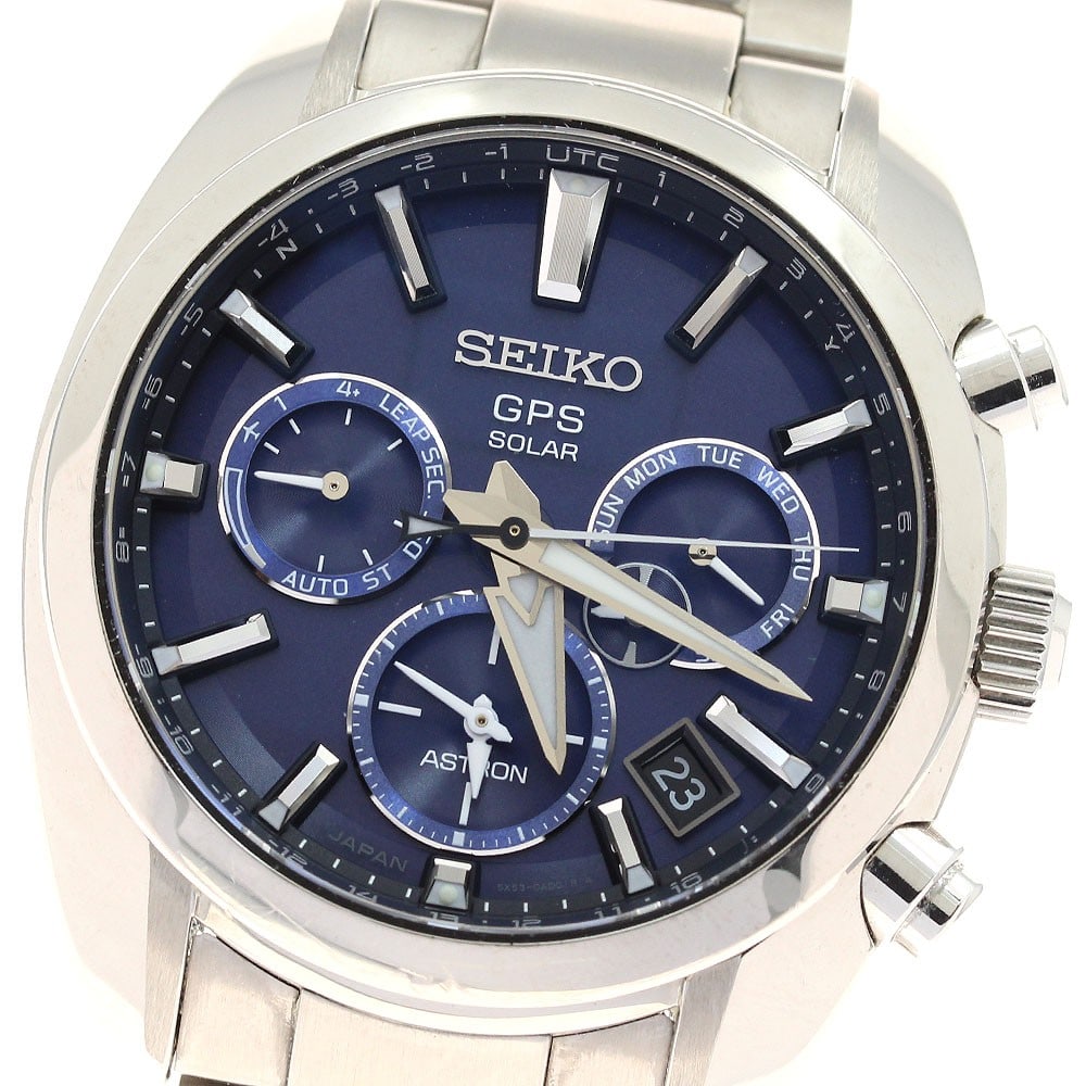 Seiko Astron 5X solar radio controlled men's wristwatch SBXC019: Seiko Astron 5X solar radio controlled men's wristwatch SBXC019 This Seiko Astron 5X Series men's wristwatch, model SBXC019/5X53-0AJ0, features a stainless steel case and band with a striking blue dia
