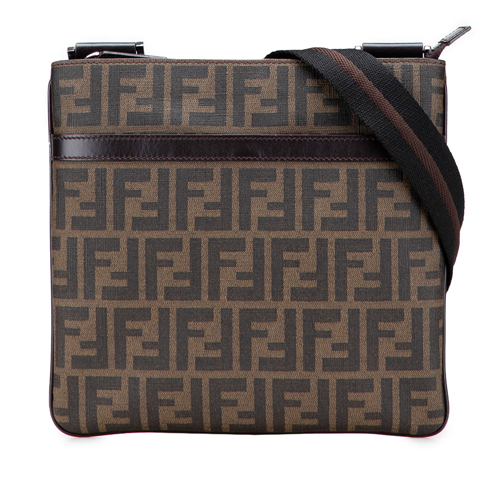 Fendi Zucca Coated Canvas Brown Crossbody Bag with Leather Trim: Fendi Zucca Coated Canvas Brown Crossbody Bag with Leather Trim Elevate your accessories collection with this Fendi Zucca Coated Canvas Crossbody bag. Crafted from durable coated canvas with leather t