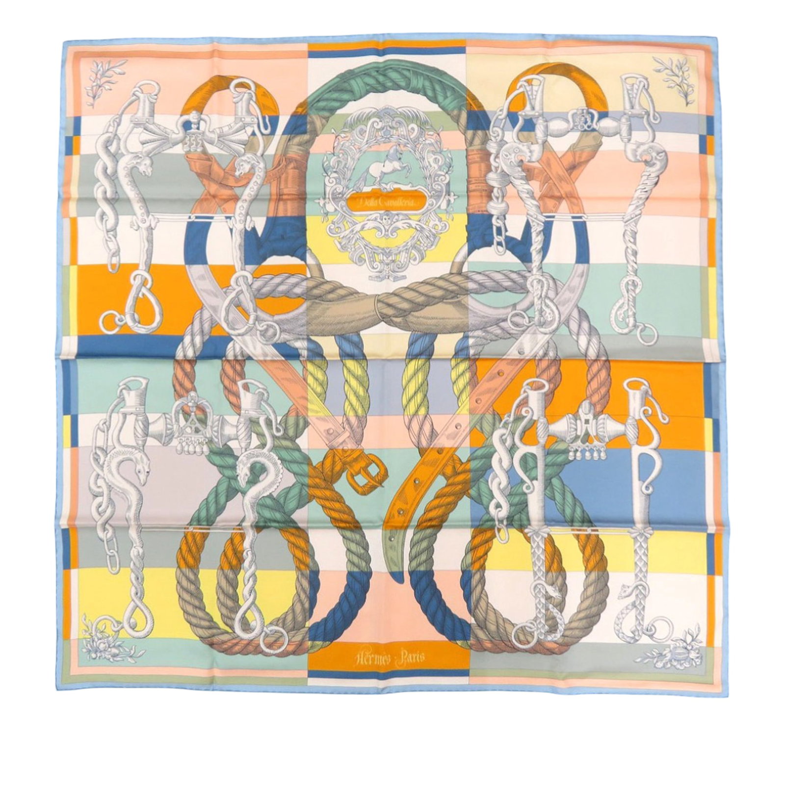 Hermes Della Cavalleria Orange 100 Percent Silk Square Scarf 90cm: Hermes Della Cavalleria Orange 100 Percent Silk Square Scarf 90cm This Hermes Della Cavalleria Double Face scarf features the iconic print on 100% silk. Designed in vibrant orange, it is crafted in Fr