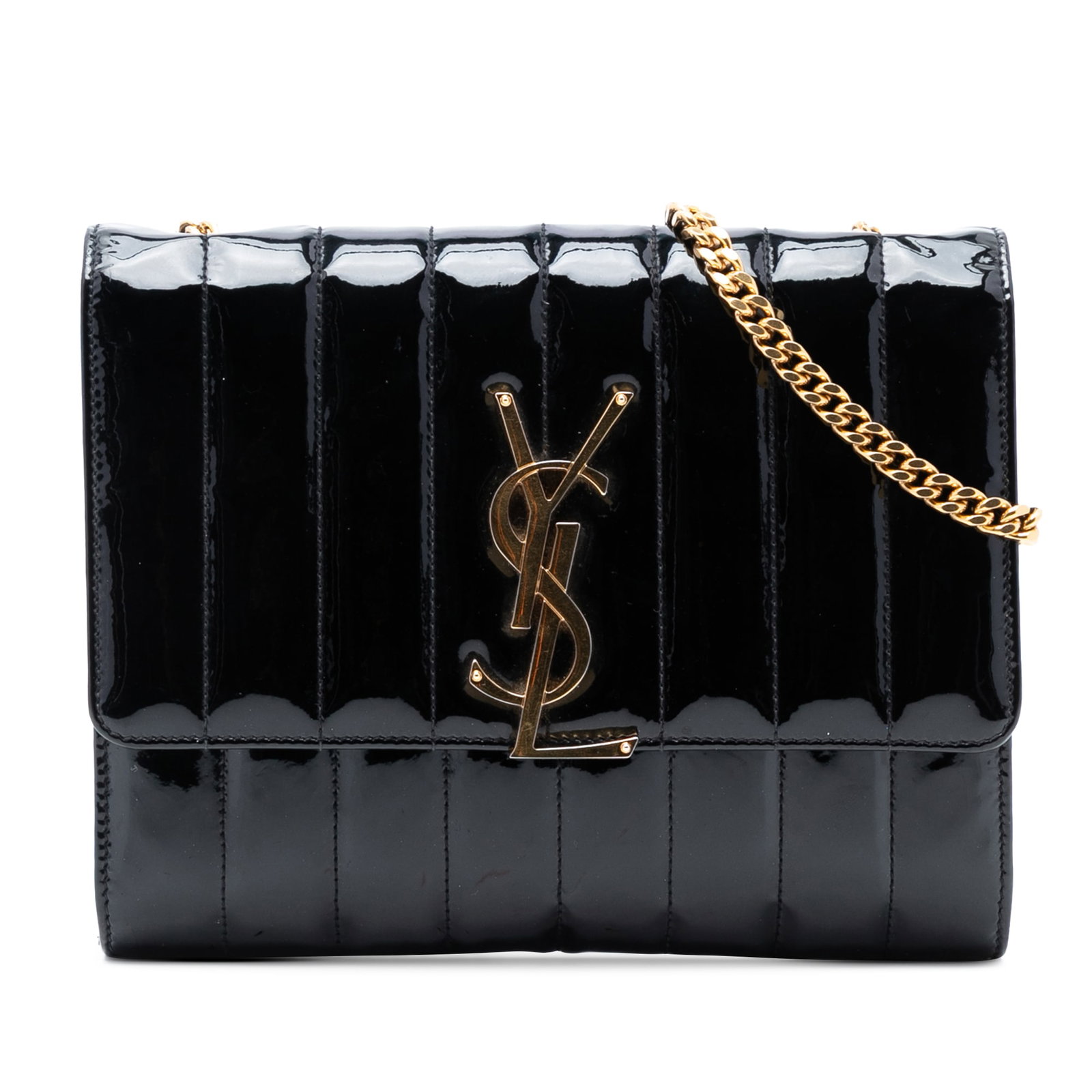 Black Quilted Patent Leather Medium Vicky Crossbody Bag by Saint Laurent: Black Quilted Patent Leather Medium Vicky Crossbody Bag by Saint Laurent This Saint Laurent Medium Patent Vicky Crossbody features a quilted black patent leather exterior, a curb chain strap, and a fr