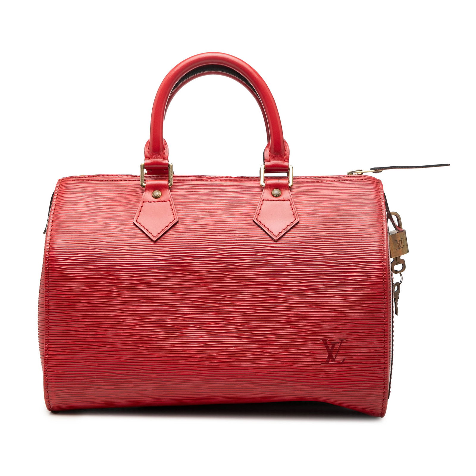 Louis Vuitton Speedy 25 Epi Leather Red Satchel Handbag France: Louis Vuitton Speedy 25 Epi Leather Red Satchel Handbag France This Louis Vuitton Epi Speedy 25 features a red epi leather body with rolled leather handles, a top zip closure, an exterior side slip po