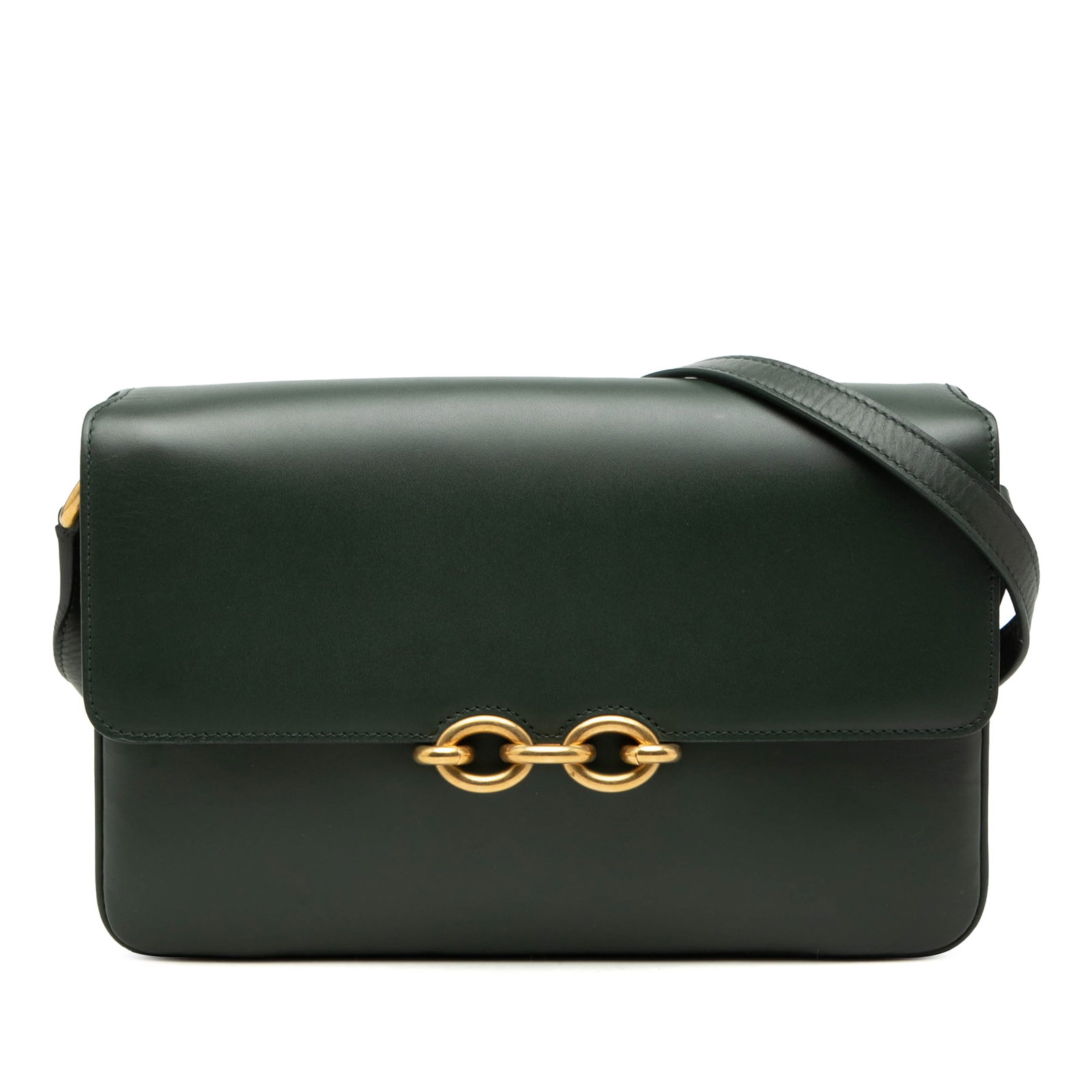 Green Leather Le Maillon Crossbody Bag by Saint Laurent: Green Leather Le Maillon Crossbody Bag by Saint Laurent The Saint Laurent Le Maillon crossbody bag features a smooth green leather body, an adjustable flat leather strap, a front flap with a magnetic 