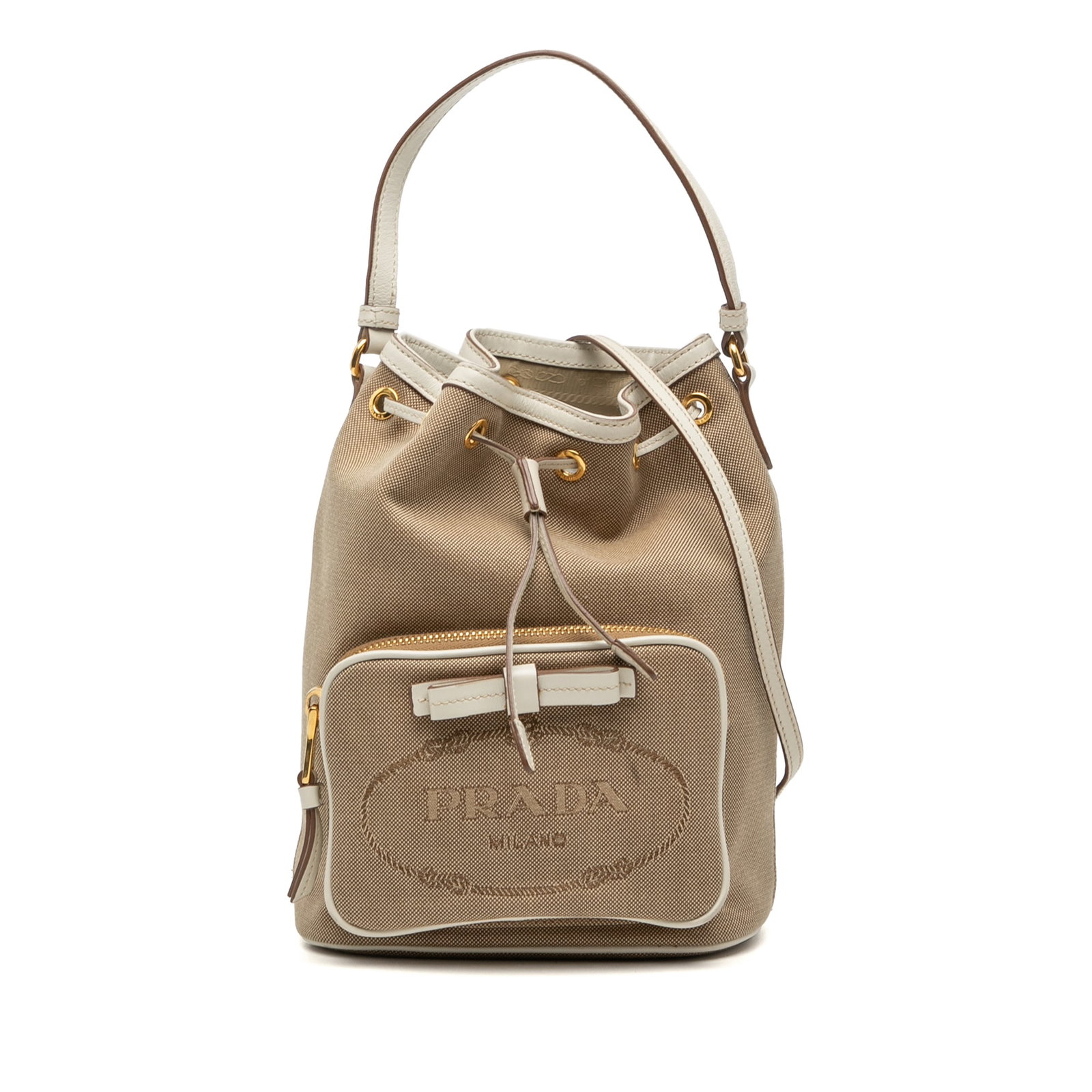Prada Canapa Canvas Bucket Satchel with Bow and Drawstring Closure: Prada Canapa Canvas Bucket Satchel with Bow and Drawstring Closure This Prada Canvas Canapa Logo Bow Drawstring Bucket Bag features a canvas body with leather trim, a flat leather handle, and a detach