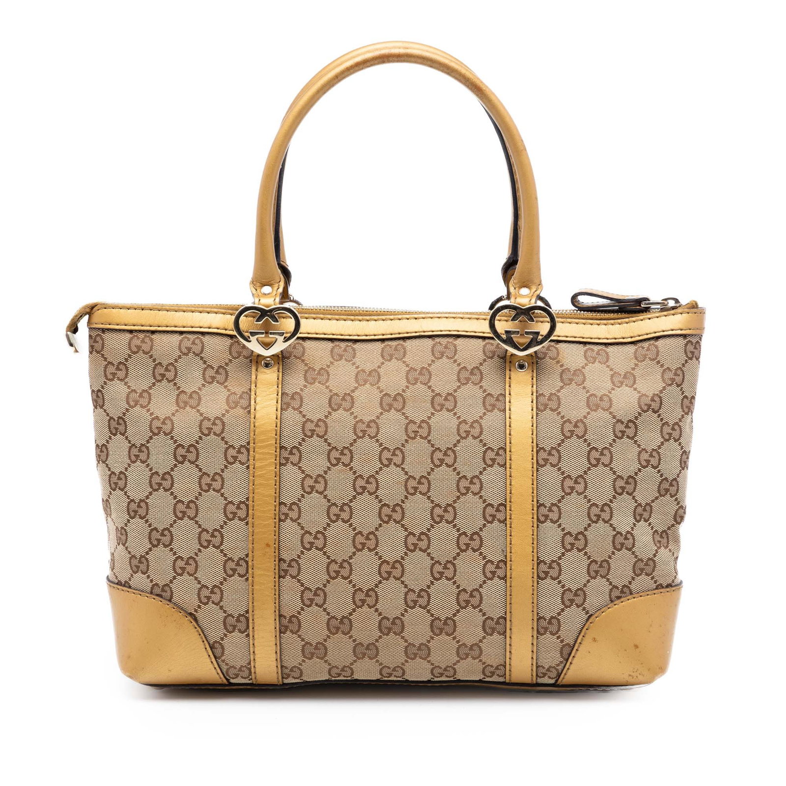 Gucci GG Canvas Lovely Beige Tote Bag with Leather Trim: Gucci GG Canvas Lovely Beige Tote Bag with Leather Trim This Gucci GG Canvas Lovely Tote features a beige canvas body with leather trim, rolled leather handles, a top zip closure, and interior zip and