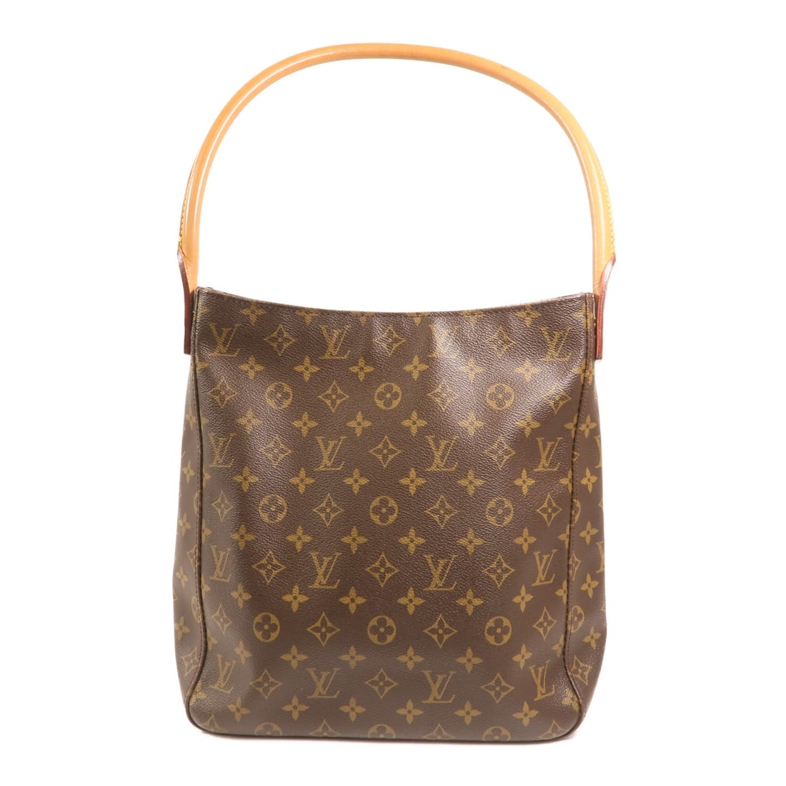 Louis Vuitton Monogram Looping GM Shoulder Bag with Gold Tone Hardware: Louis Vuitton Monogram Looping GM Shoulder Bag with Gold Tone Hardware This Louis Vuitton Looping GM shoulder bag features the iconic monogram pattern in brown PVC coated canvas. Designed for women, i