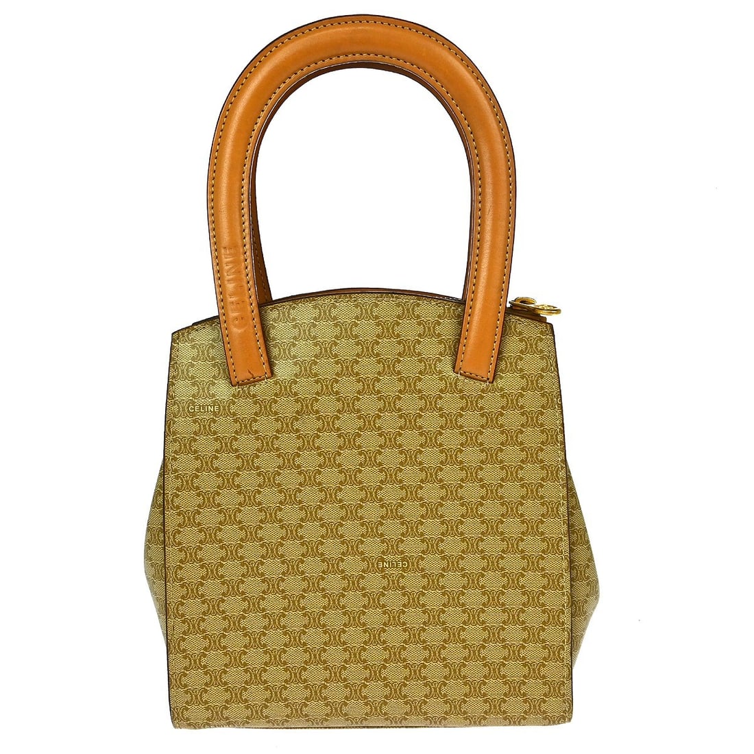 Celine Beige Macadam Top Handle Handbag PVC Leather: Celine Beige Macadam Top Handle Handbag PVC Leather This Celine Beige Macadam Handbag is a stylish accessory for casual occasions. Featuring a classic Macadam pattern, this small top handle bag offers