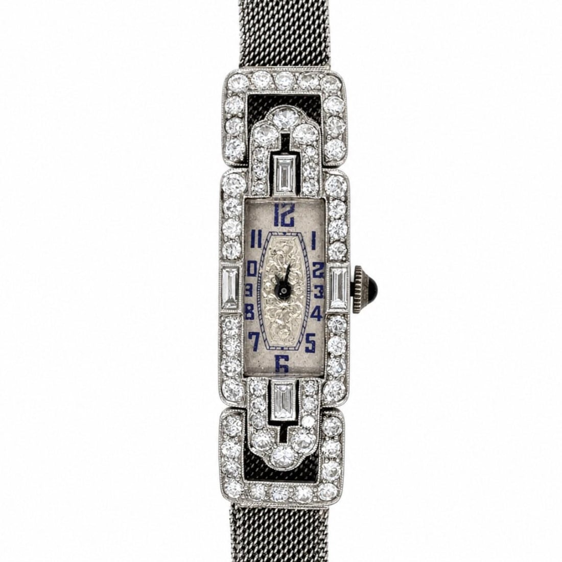 Platinum Art Deco Diamond Manual Wind Ladies Watch: Platinum Art Deco Diamond Manual Wind Ladies Watch This Art Deco ladies watch features a platinum case adorned with 60 diamonds totaling approximately 3.50 carats, with G-H color and VVS-VS clarity. T