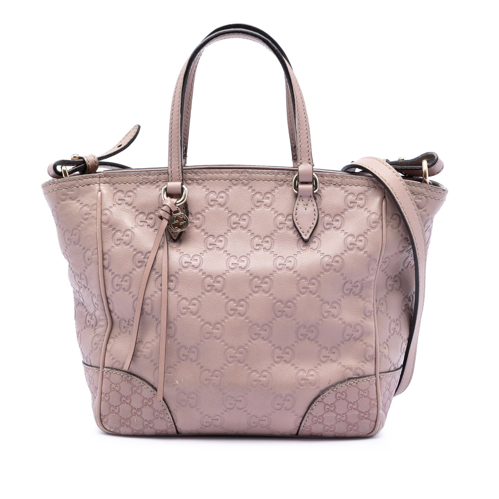 Gucci Bree Pink Leather Small Satchel with Shoulder Strap: Gucci Bree Pink Leather Small Satchel with Shoulder Strap This Small Guccissima Bree Satchel features a canvas body with flat leather handles and a detachable flat leather shoulder strap. It is equipp