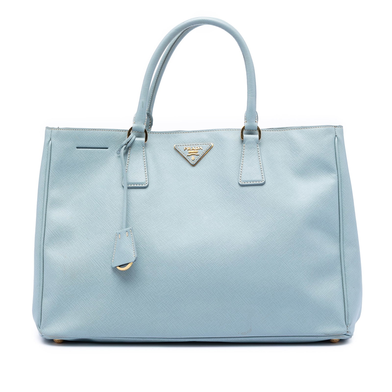 Prada Galleria blue saffiano leather satchel: Prada Galleria blue saffiano leather satchel This Prada Large Saffiano Lux Galleria Satchel is crafted from blue saffiano leather and features rolled leather handles, an open top with magnetic snap cl