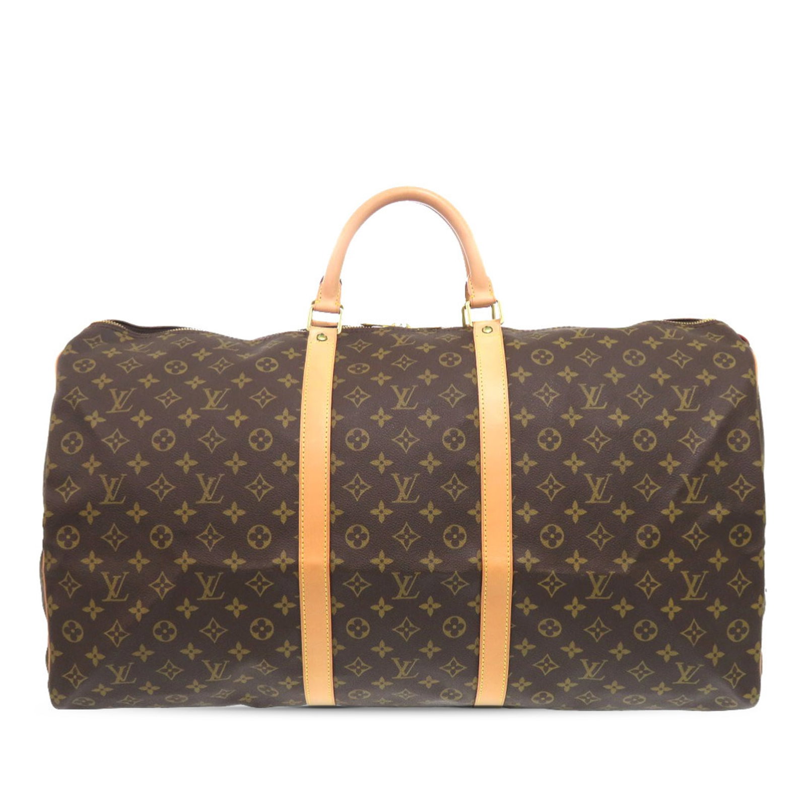 Louis Vuitton Keepall 60 Monogram Canvas Travel Bag with Vachetta Trim: Louis Vuitton Keepall 60 Monogram Canvas Travel Bag with Vachetta Trim This Louis Vuitton Monogram Keepall 60 is crafted from the brand's signature monogram canvas with vachetta leather trim and rolle