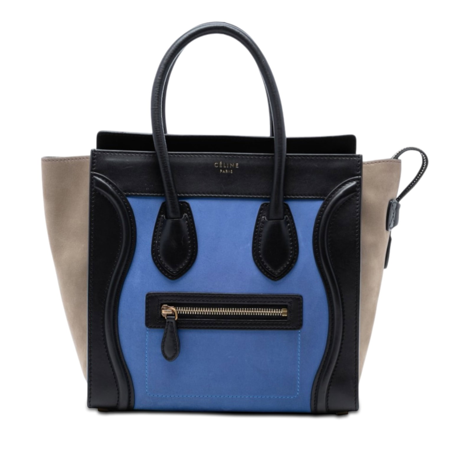 Celine Micro Luggage Tote Blue Tricolor Suede Calfskin: Celine Micro Luggage Tote Blue Tricolor Suede Calfskin This Celine Micro Tricolor Luggage Tote is crafted from a combination of calfskin leather and suede, featuring rolled leather handles and a top z