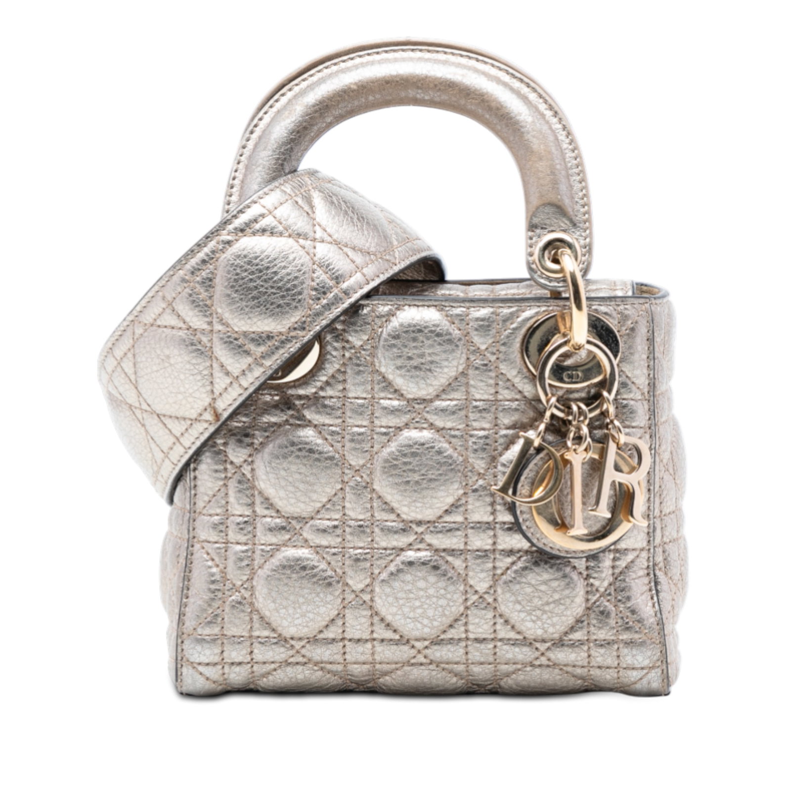 Dior Lady Dior Mini Silver Quilted Leather Bag with Detachable Strap: Dior Lady Dior Mini Silver Quilted Leather Bag with Detachable Strap This Mini Metallic Cannage Supple Lady Dior handbag features a quilted calfskin leather construction in silver, flat leather top ha