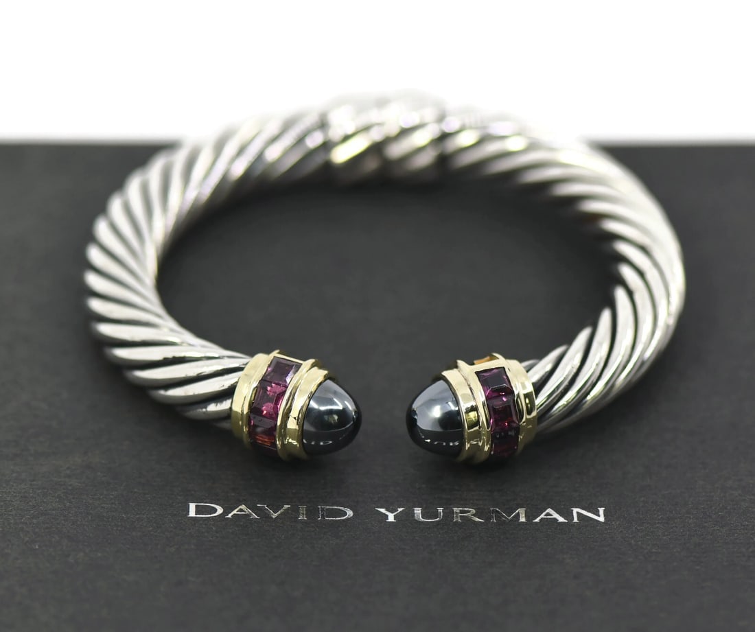 David Yurman 14K Sterling Silver Amethyst Cable Cuff Bracelet 10mm: David Yurman 14K Sterling Silver Amethyst Cable Cuff Bracelet 10mm This exquisite David Yurman bracelet features a striking cable design crafted from both 14K gold and sterling silver. The cuff style 