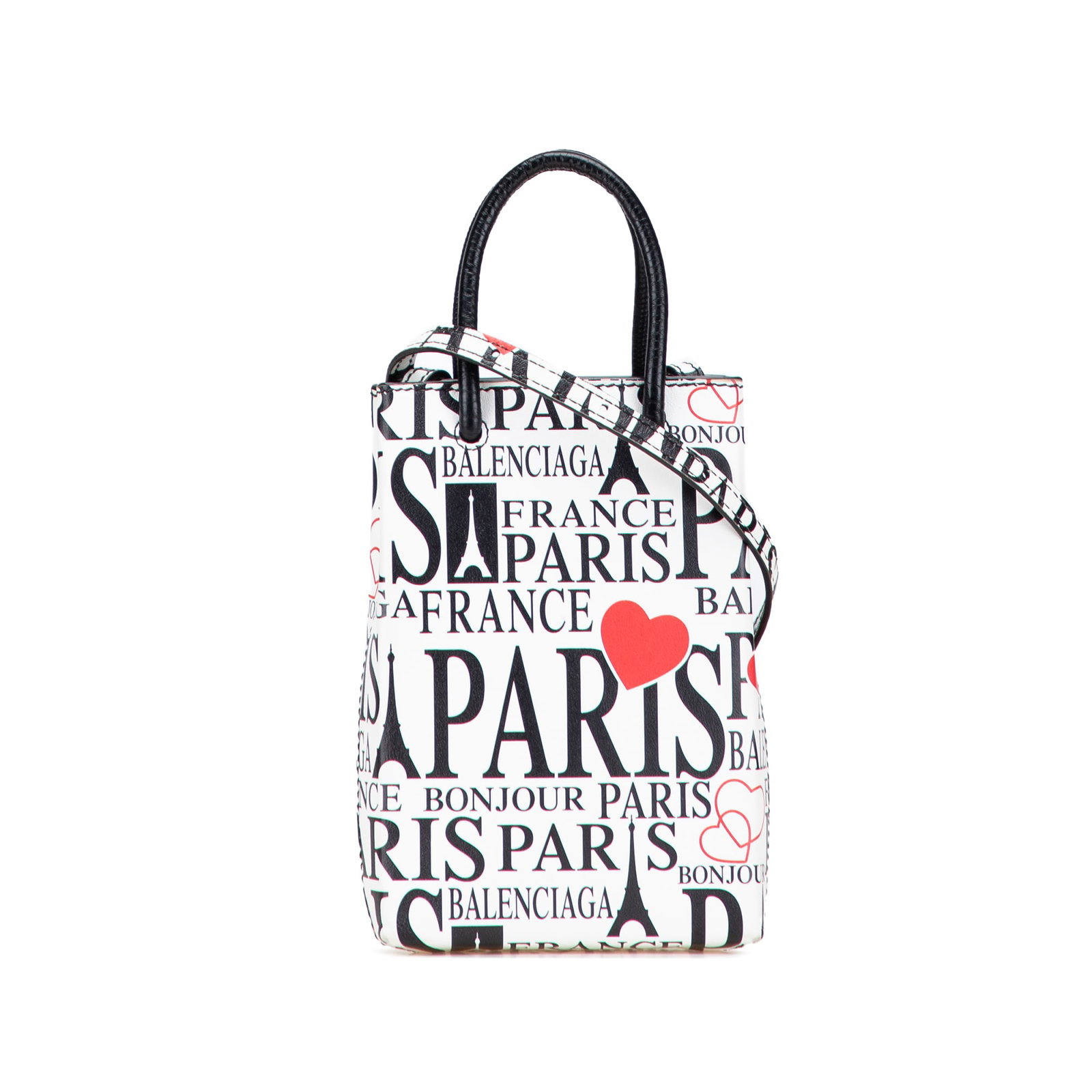 Balenciaga Mini Calfskin Bonjour Paris Phone Holder White Leather: Balenciaga Mini Calfskin Bonjour Paris Phone Holder White Leather Introducing the Balenciaga Mini Calfskin Bonjour Paris Shopping Phone Holder, a chic and functional accessory designed for the modern 