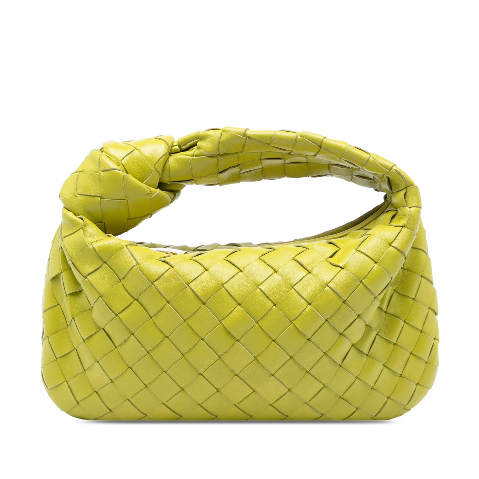 Mini Jodie Green Woven Leather Shoulder Bag by Bottega Veneta: Mini Jodie Green Woven Leather Shoulder Bag by Bottega Veneta This Bottega Veneta Mini Nappa Intrecciato Jodie features a woven leather body in green, complemented by a woven and knotted shoulder stra
