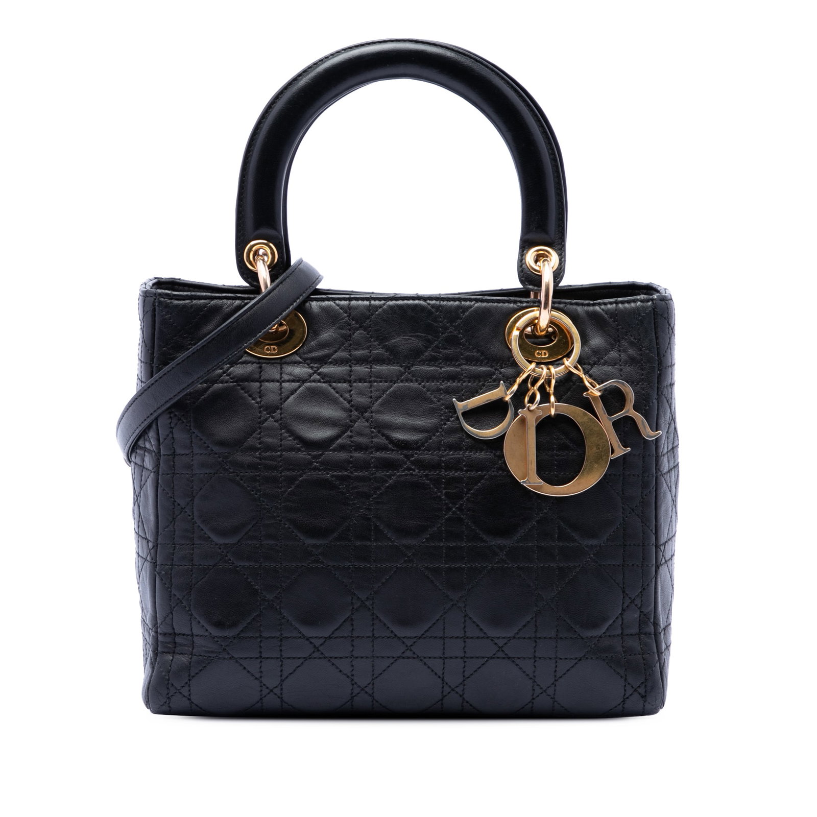 Dior Lady Dior Medium Cannage Lambskin Black Bag: Dior Lady Dior Medium Cannage Lambskin Black Bag This Medium Lambskin Cannage Lady Dior bag features a quilted lambskin leather exterior in black, flat leather top handles, and a detachable flat leath