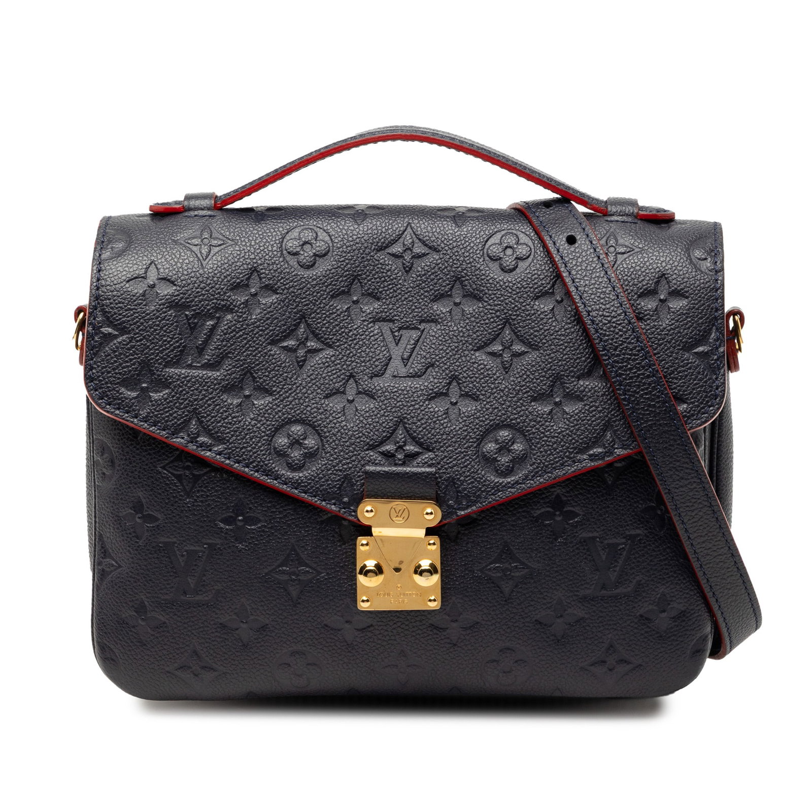 Blue Empreinte Leather Pochette Metis Bag by Louis Vuitton: Blue Empreinte Leather Pochette Metis Bag by Louis Vuitton This Louis Vuitton Monogram Empreinte Pochette Metis features a blue monogram empreinte leather body, a flat leather top handle, and a detach
