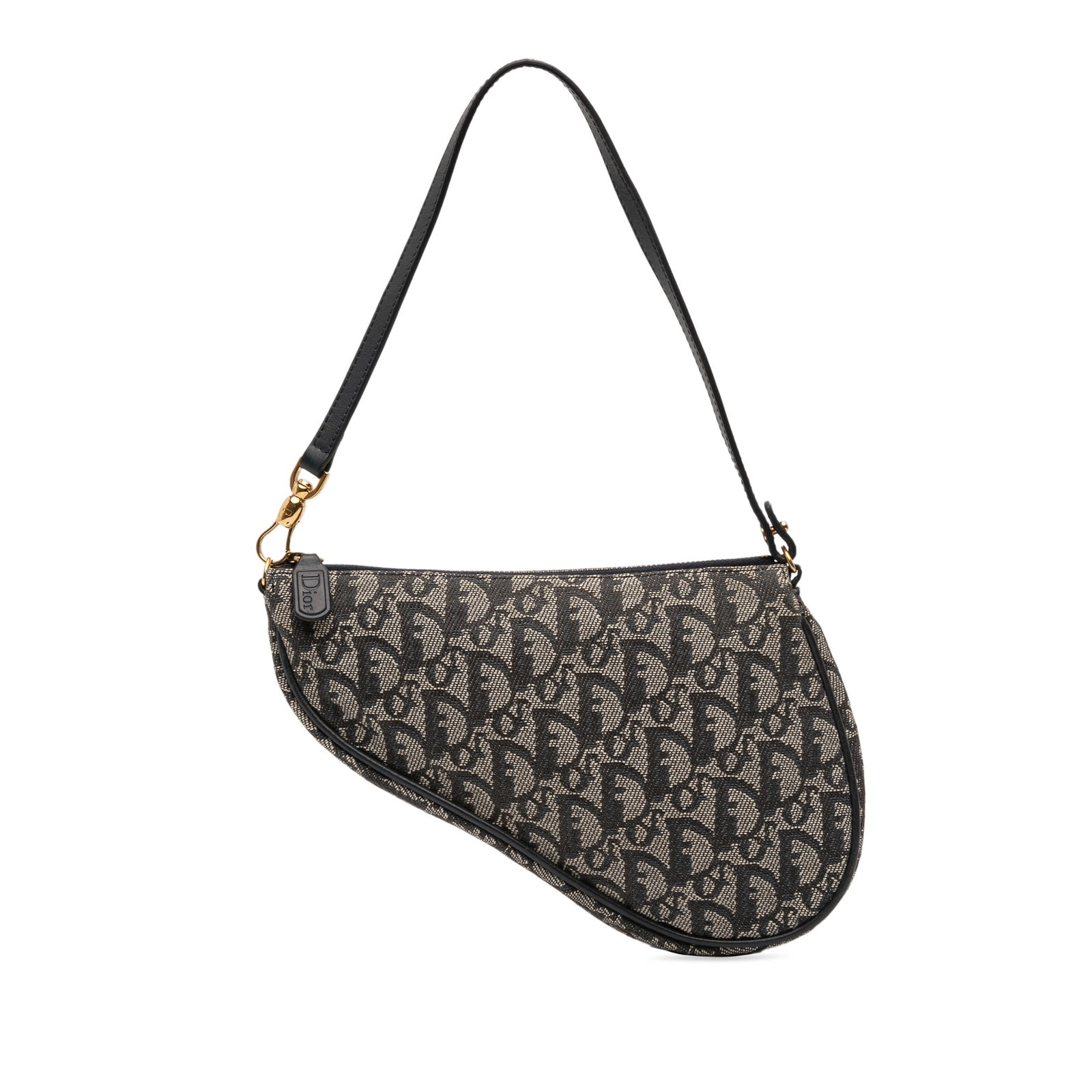 Dior Mini Saddle Pochette Blue Canvas with Leather Handle: Dior Mini Saddle Pochette Blue Canvas with Leather Handle This Mini Diorissimo Canvas Saddle Pochette features a canvas body in blue with a flat leather handle and a top zip closure. The bag is from D