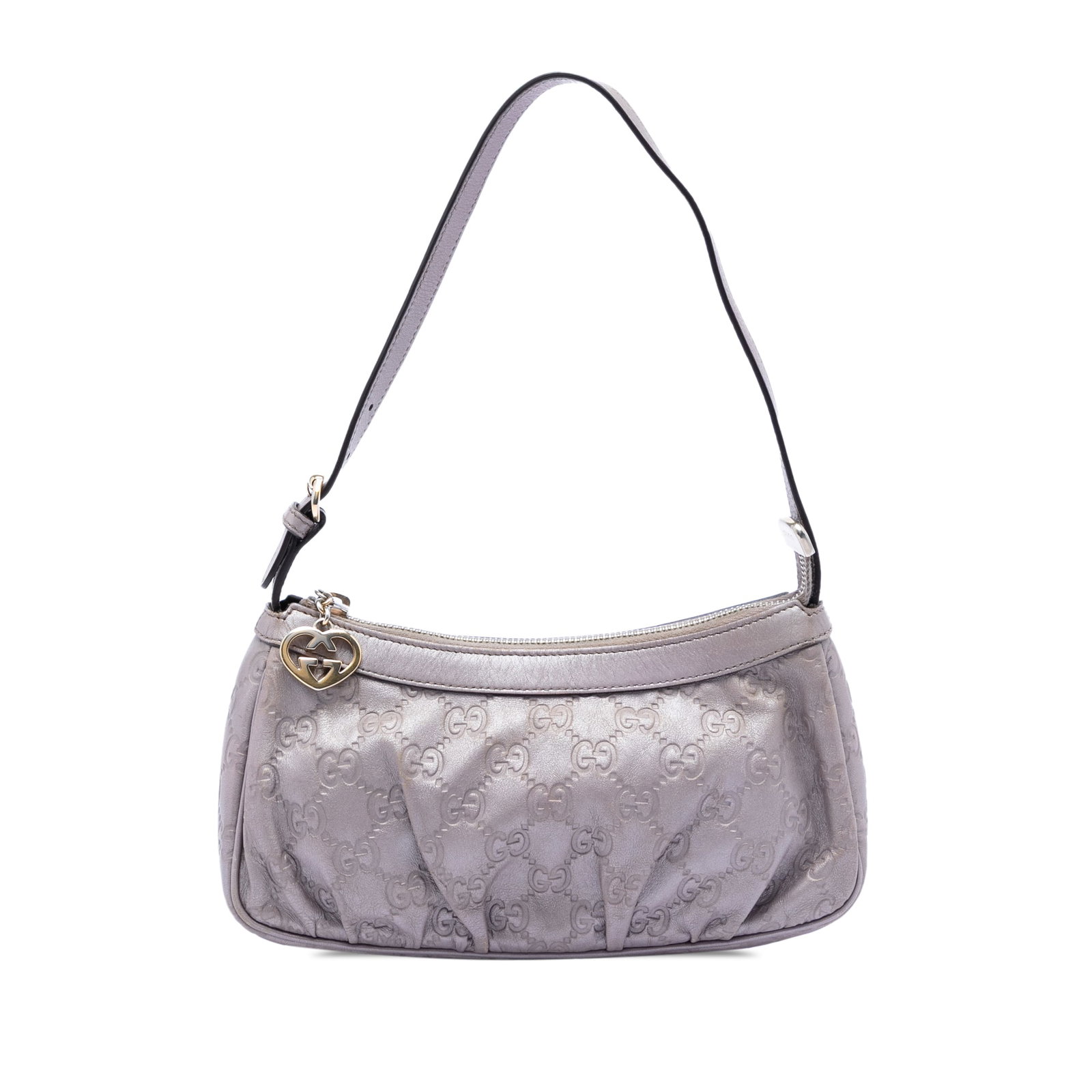 Gucci Metallic Guccissima Heart Pochette Purple Leather Bag: Gucci Metallic Guccissima Heart Pochette Purple Leather Bag This Gucci Metallic Guccissima Lovely Heart Pochette is crafted from metallic leather in a striking purple hue. The bag features a flat leat